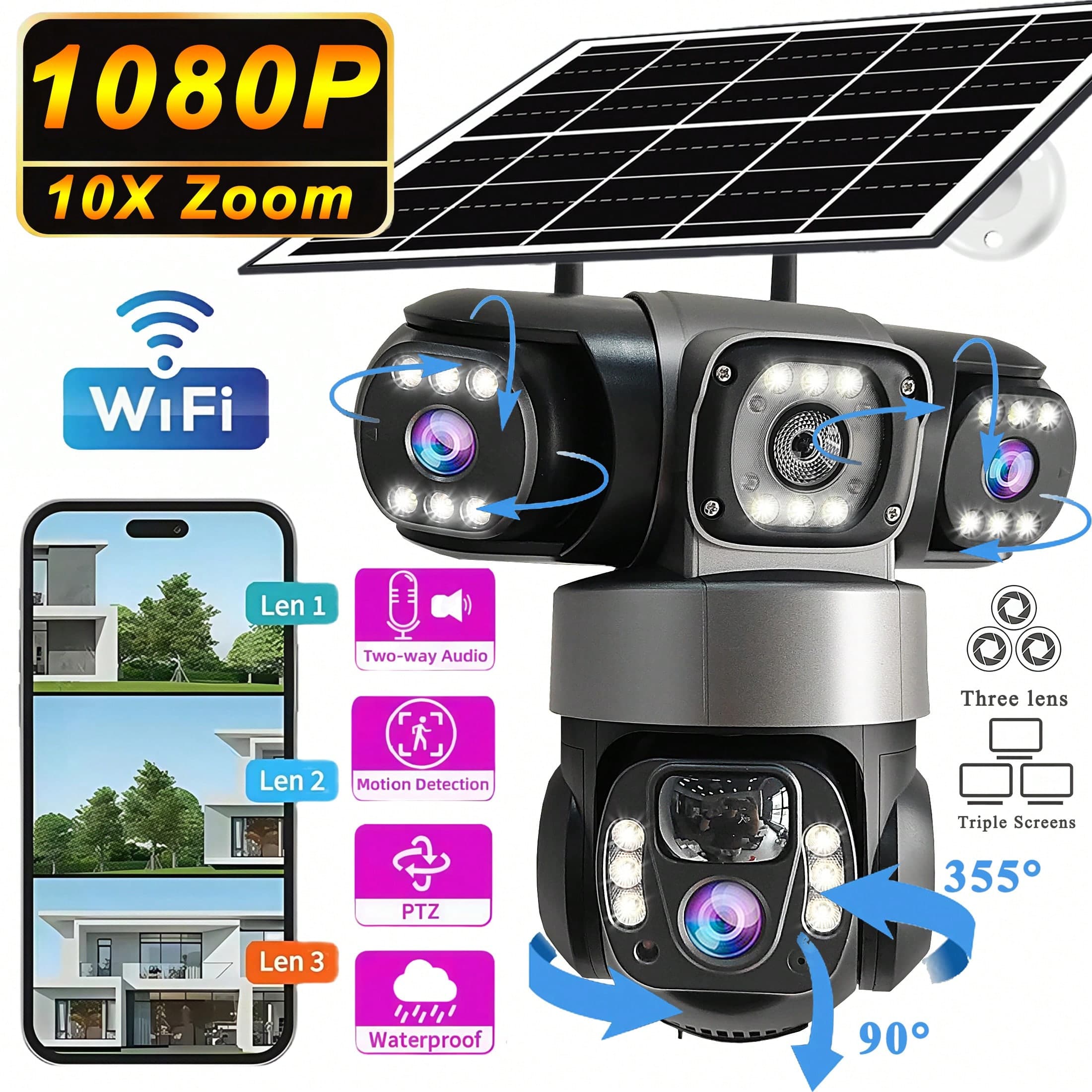 Telecamera IP solare WiFi CCTV 15MP con triplo obiettivo e triplo schermo PTZ con tracciamento automatico 6K Curious Security Surveillance V380 Pro