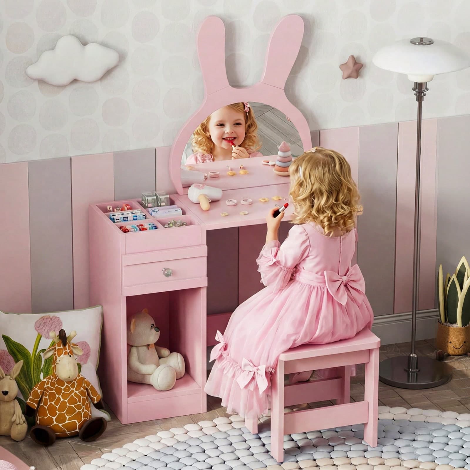 Toeletta per bambini, scrivania da toeletta per ragazze con sgabello, specchio con orecchie da coniglio, 1 cassetto, 6 scomparti portaoggetti e 1