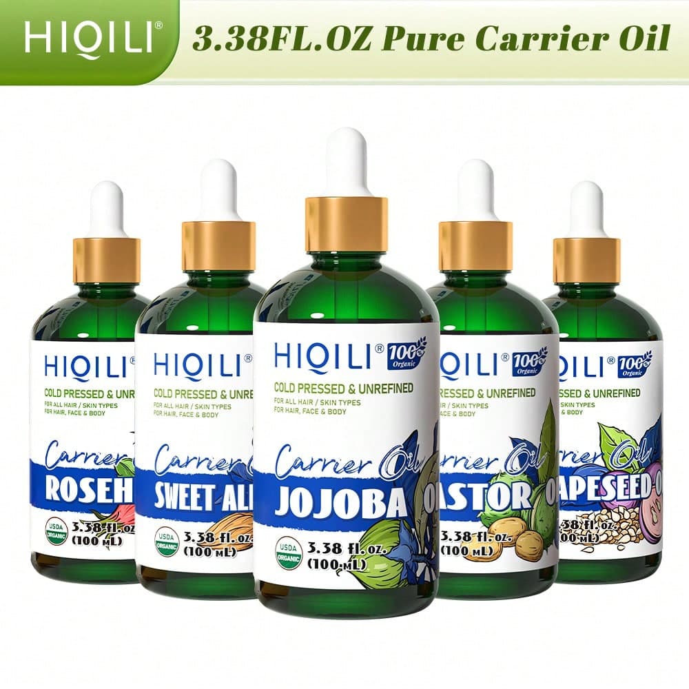 HIQILI Olio vettore puro di Jojoba e Mandorla, 100ML /3.38 FL.OZ. Jojoba spremuta a freddo non raffinata, Mandorla dolce, Ricino, Rosa canina,