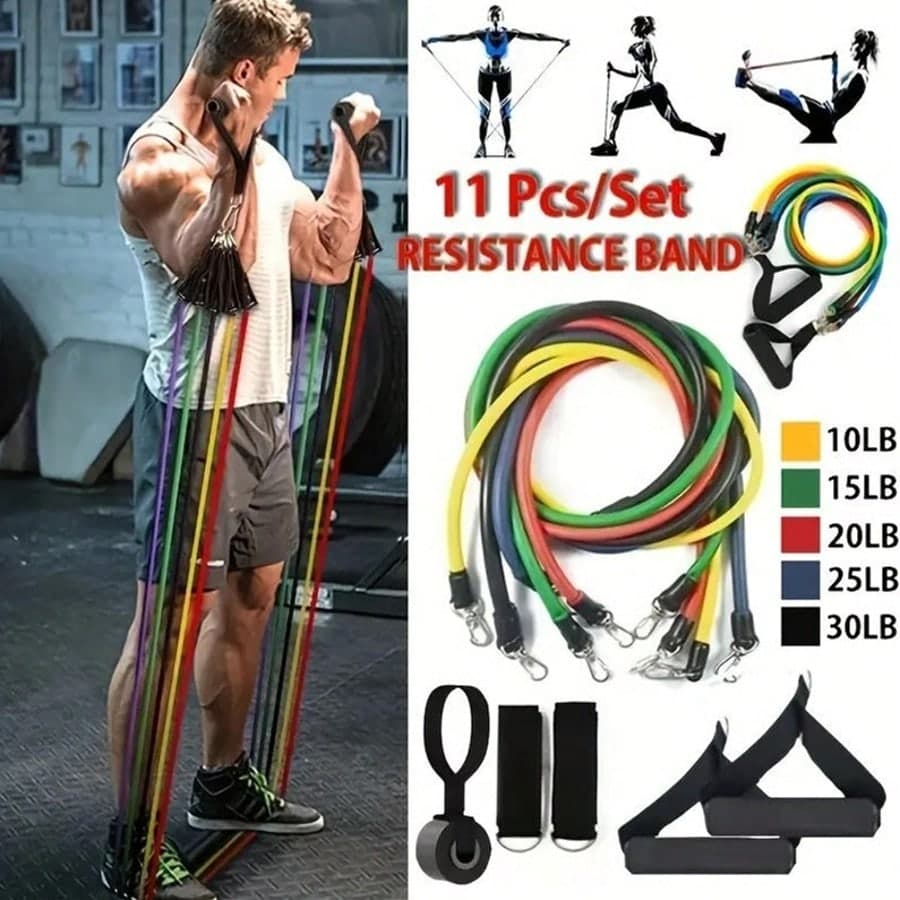 Set di 11 fasce di resistenza in TPE, include ancora per porta, maniglie, borsa da schiena, fasce per caviglie, bande elastiche per fitness,