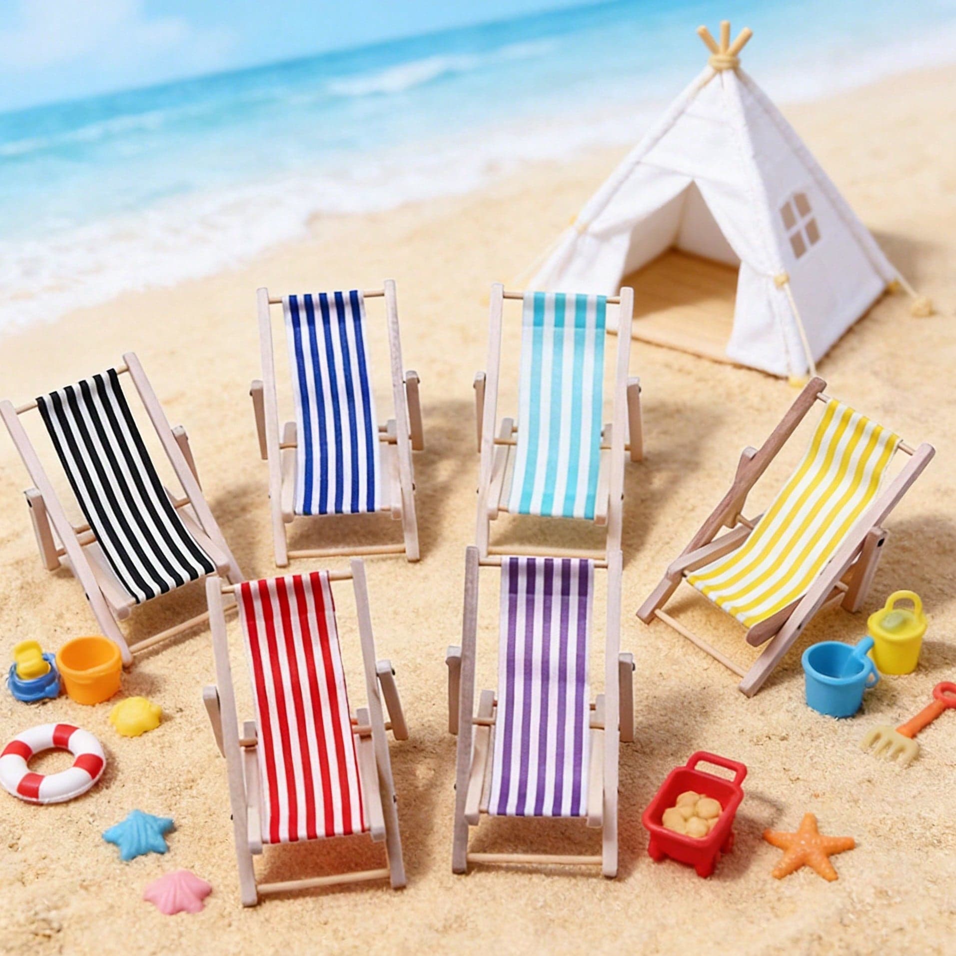Modello di sedia da spiaggia in legno in miniatura, sedia da esterno in miniatura, accessorio per scena in miniatura, prop per fotografia, decorazione