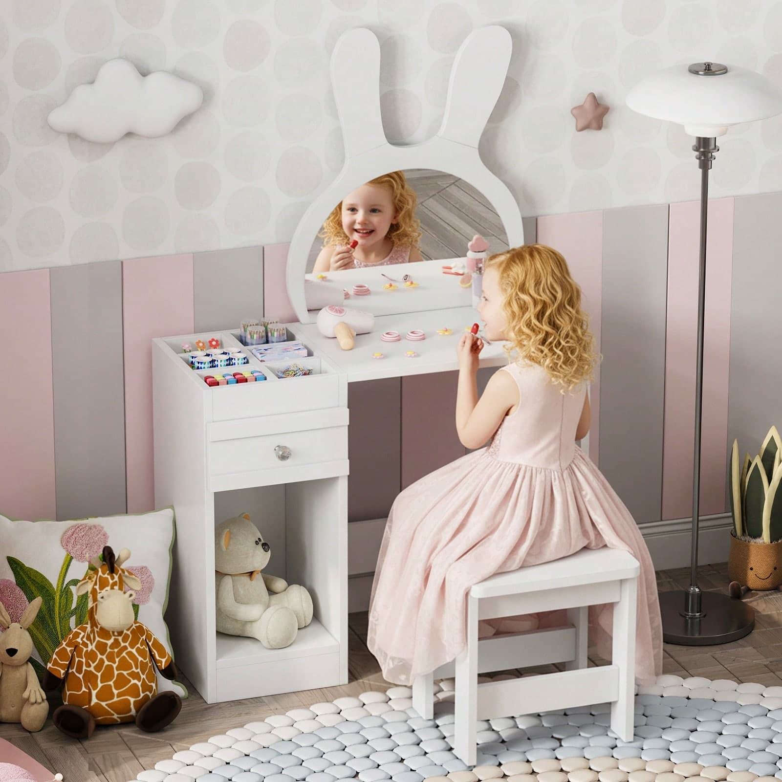 Toeletta per bambini, scrivania da trucco per ragazze con sgabello, specchio con orecchie da coniglio, 1 cassetto, 6 scomparti portaoggetti e 1