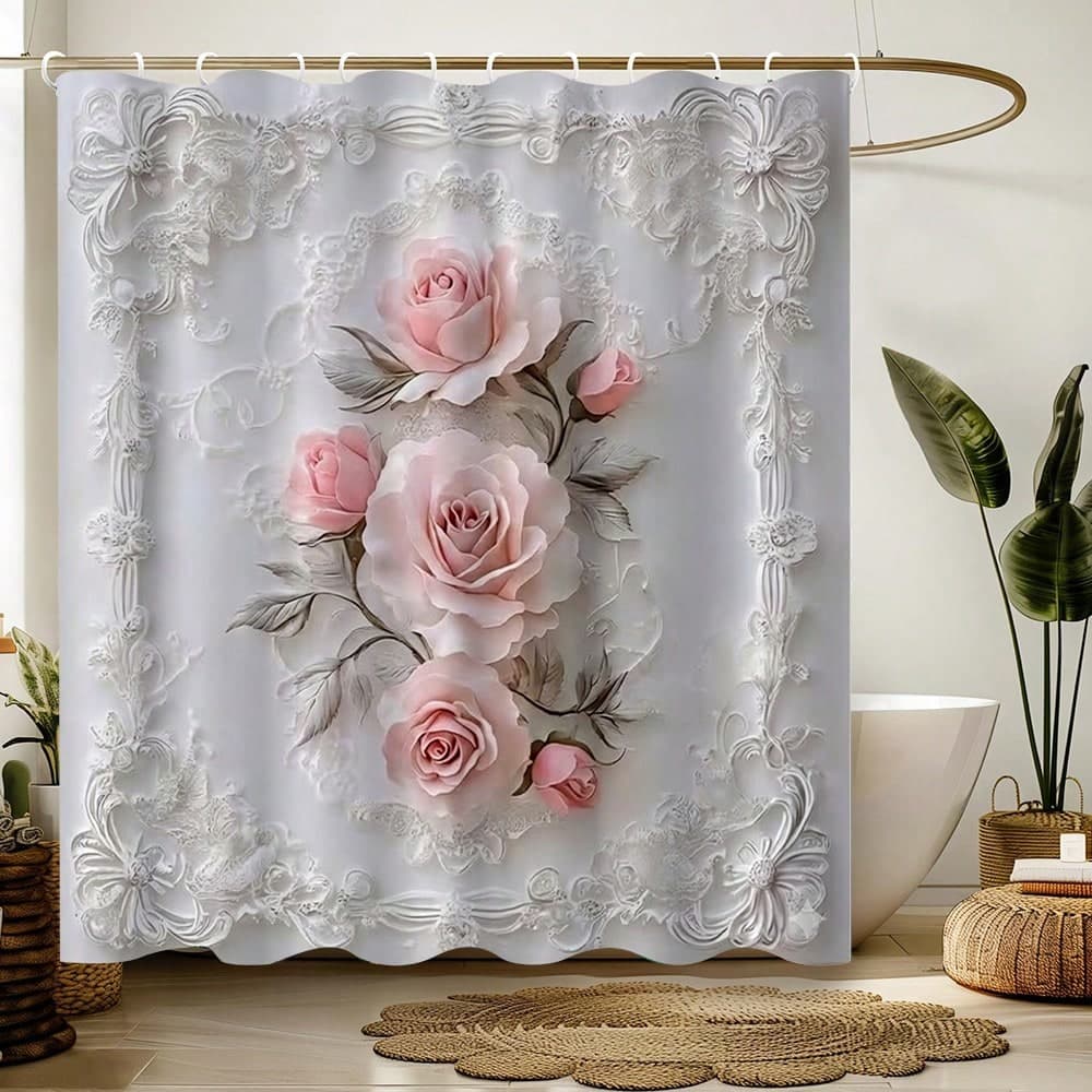 1 pezzo Tenda da doccia floreale rosa 2D, realizzata in poliestere, impermeabile, non oscurante, adatta per la decorazione domestica e del bagno,