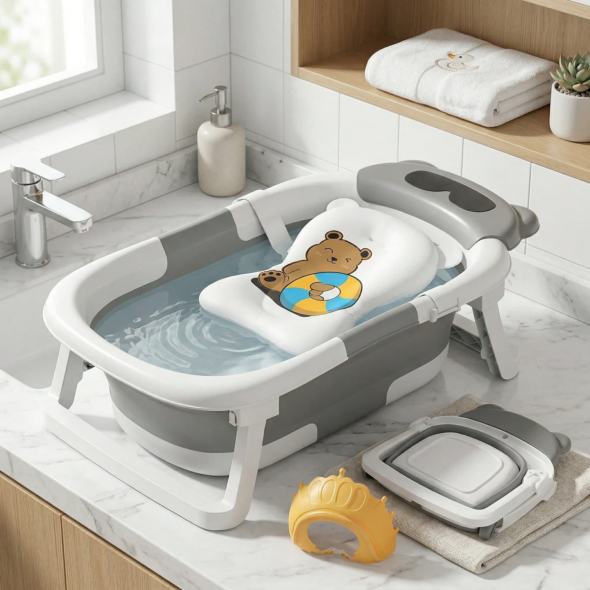 Vaschetta per neonati pieghevole, vaschetta per neonati con cuscino di supporto, vaschetta per neonati portatile antiscivolo per neonati e bambini