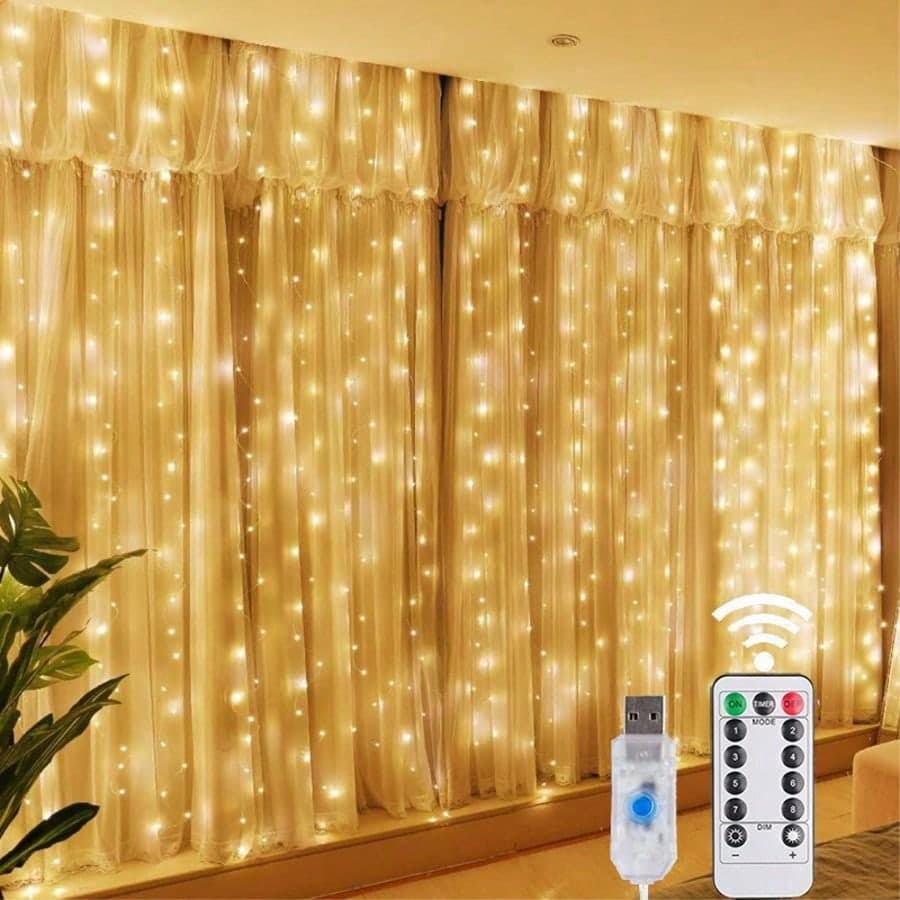 1 pezzo Luci a stringa a LED da 200 con tenda da 3x2m con telecomando, bianco caldo 8 modalità alta luminosità, luci decorative appese adatte per