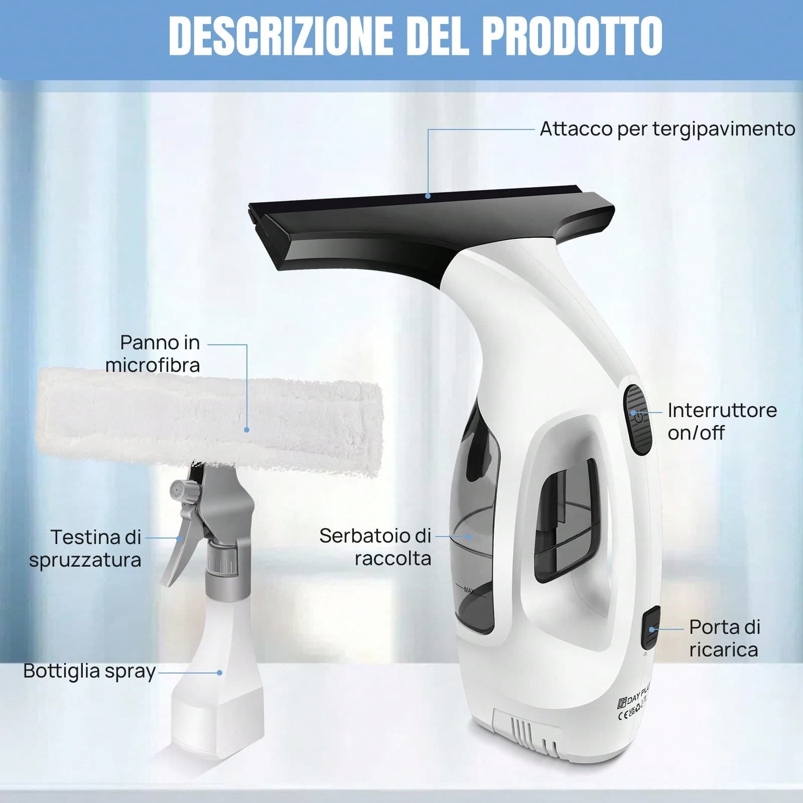 Kit per la pulizia dei vetri, pulitore per vetri portatile senza fili, tergicristallo in microfibra + tergivetro in gomma, include flacone spray,
