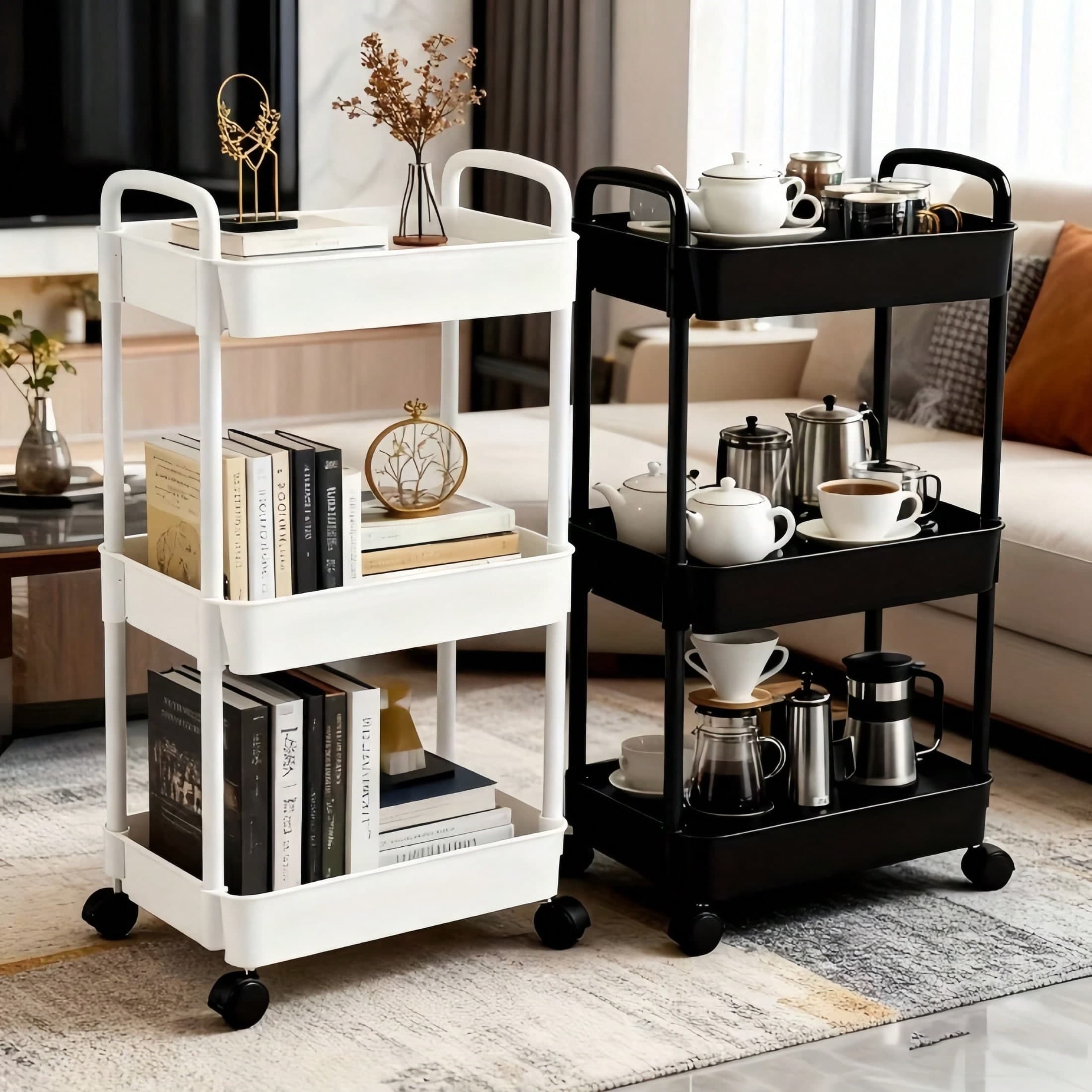 Scaffale di stoccaggio multifunzione con ruote - Cestino di stoccaggio in plastica con manico intrecciato, adatto per ufficio, cucina, bagno, camera