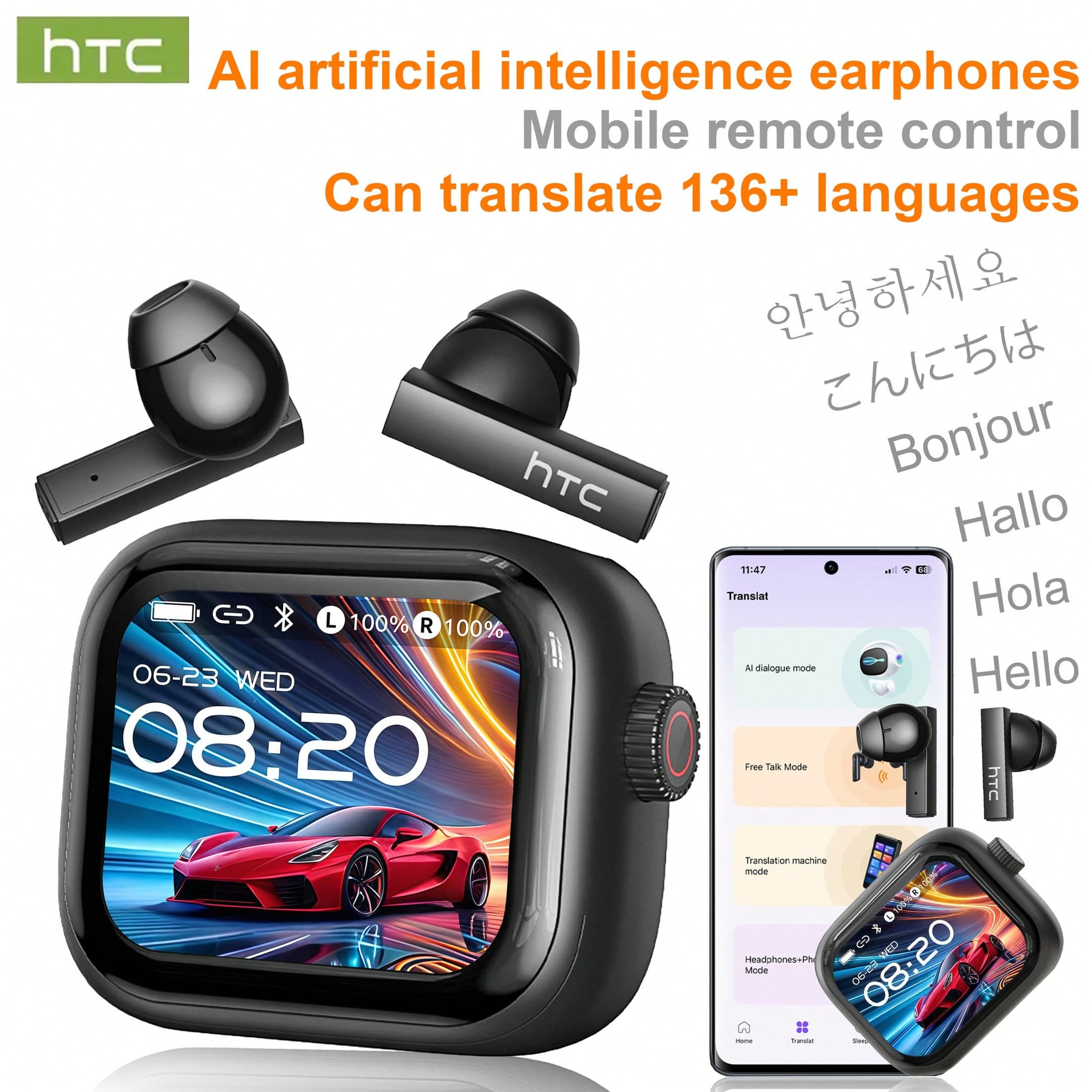 Le nuove cuffie wireless HTC NE40 con traduzione automatica AI offrono la traduzione intelligente delle conversazioni in 134 lingue, display LED HD,