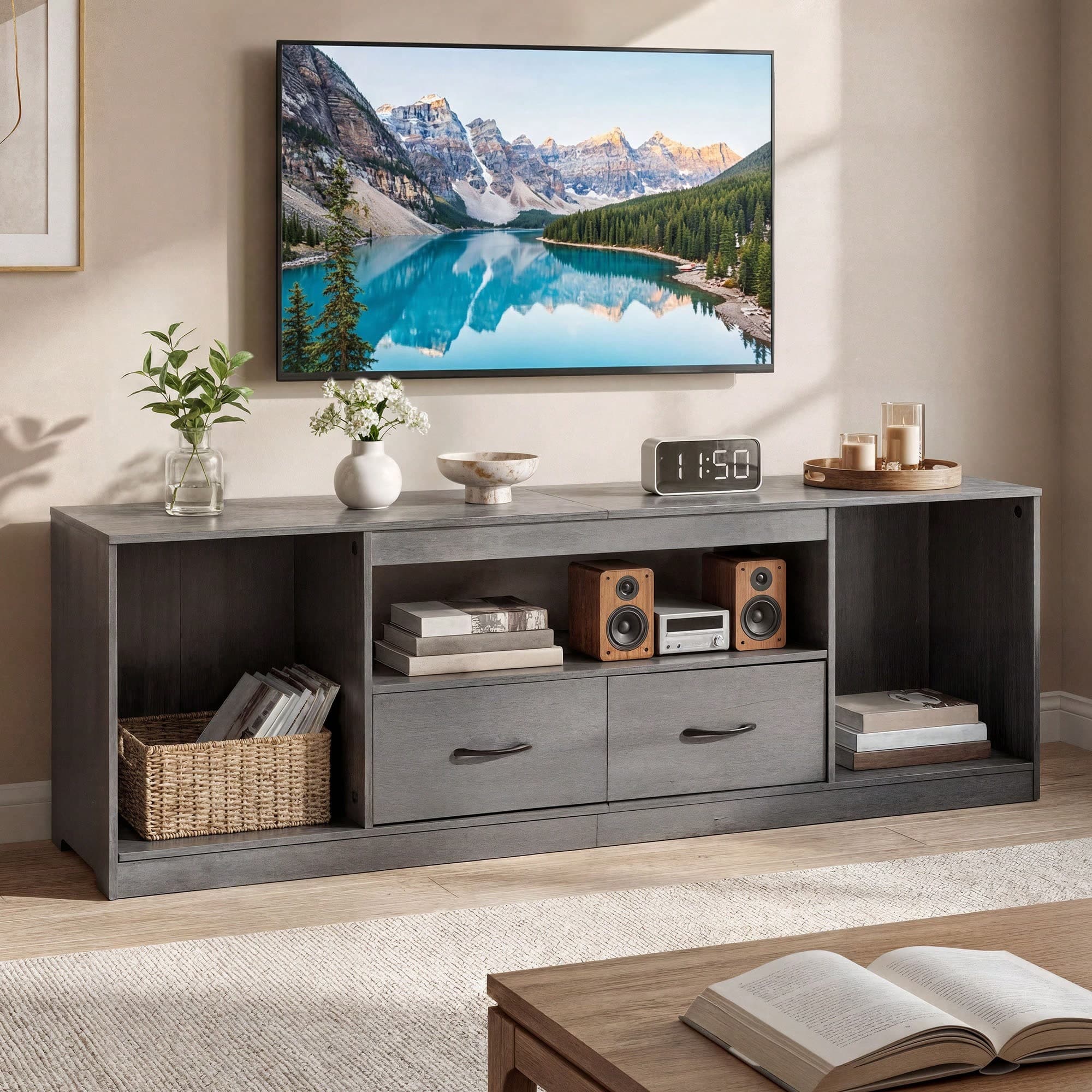 Mobile TV alto 148 cm per televisori fino a 65 pollici con 2 ante e 3 ripiani regolabili - centro di intrattenimento per soggiorno e camera da letto