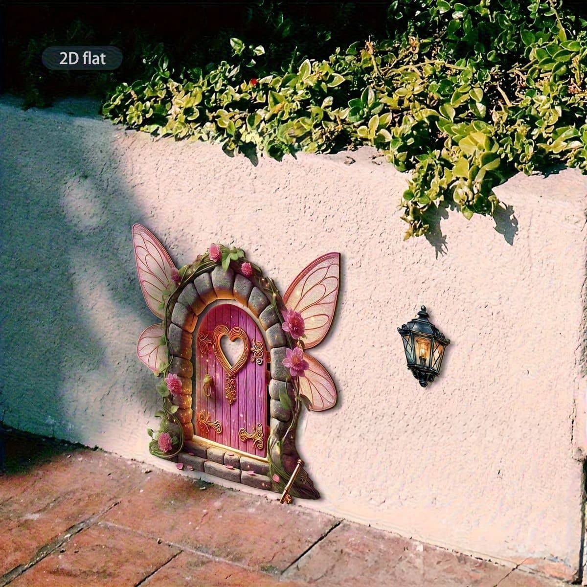 1 Set Decorazione porta delle fate in legno piatto 2D - Porta in legno di un castello da sogno, design a cuore e farfalla, decorazione da giardino e