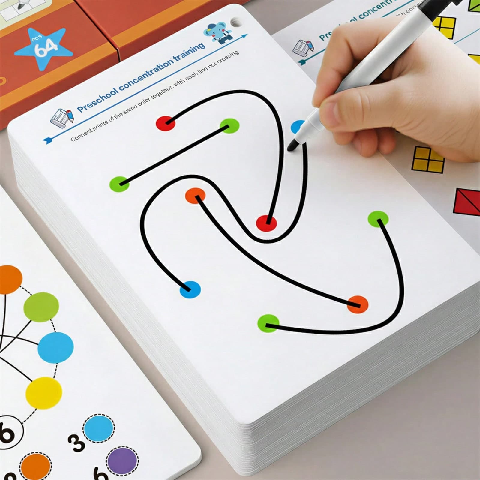 64 Temi Carte di Allenamento Cancellabili - Libro di Attività Riutilizzabile per Pensiero Logico e Abilità Motorie Fini con 8 Pennarelli e 1 Gomma