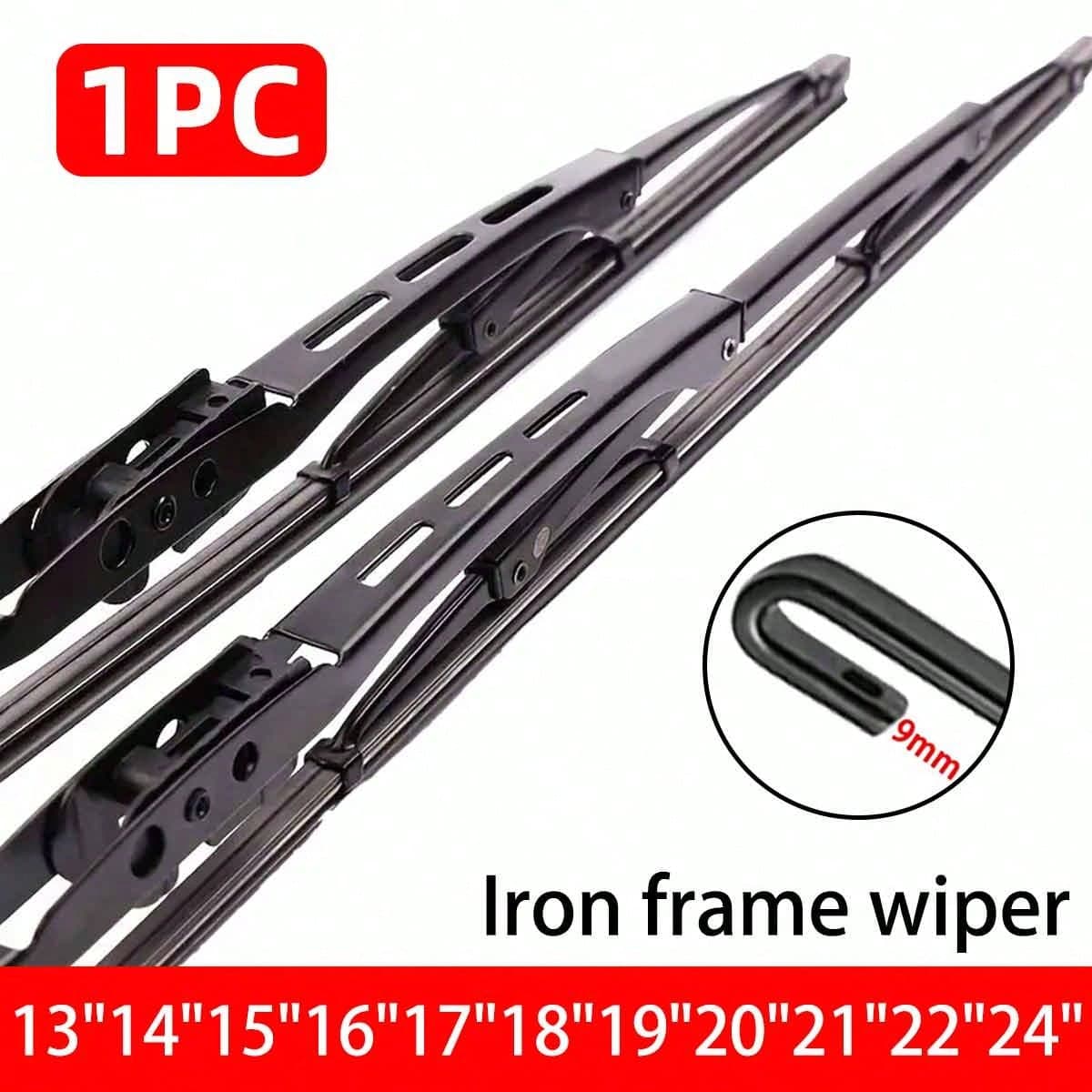 1 pezzo Tergicristallo in telaio di ferro da 9 mm con gancio universale /U, 13"14"16"17"18"19"20"21"22"24", ad alta definizione e silenzioso, ricambio