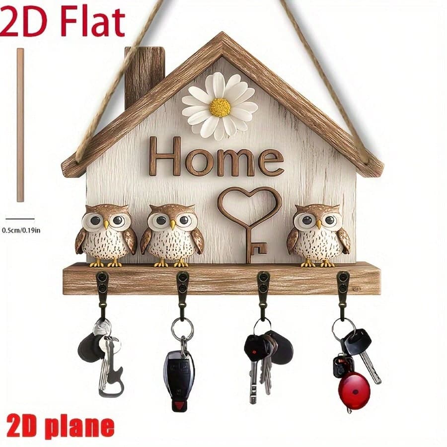 2 dimensioni, 1 pezzo, Portachiavi multifunzionale in legno a forma di gufo con 4 ganci in metallo, decorazione da parete, decorazione per veranda,