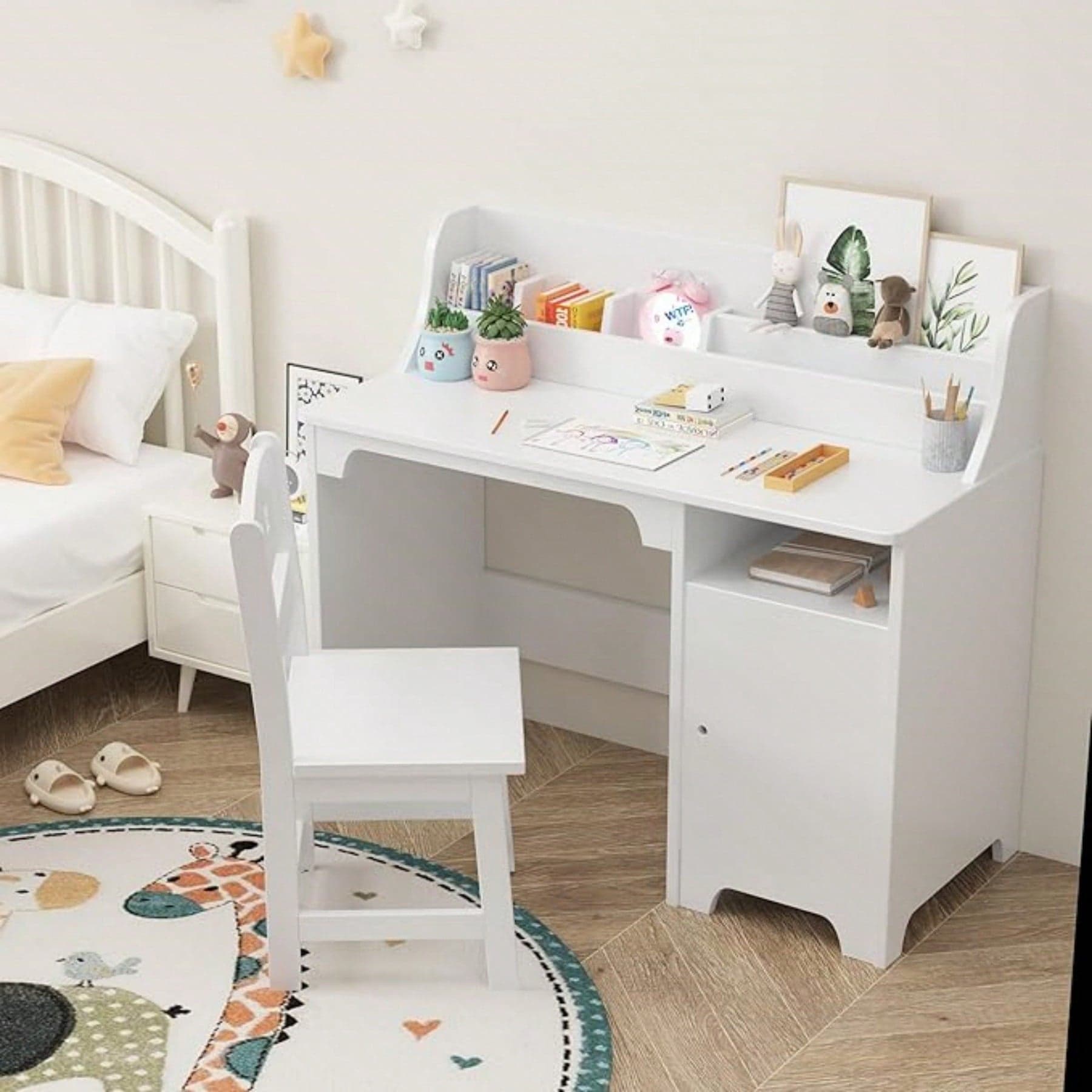 Set scrivania e sedia per bambini, scrivania con libreria, mobile contenitore, scrivania in legno per bambini, postazione computer per camerette e