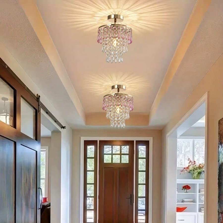 Lampadario a sospensione con perline di cristallo moderne da 20 cm, realizzato a mano con perle ottagonali rosa. Paralume di cristallo per