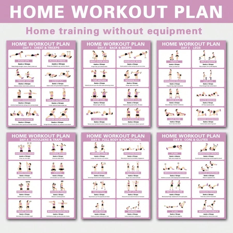 cartellone del piano di fitness domestico per 6 giorni, allenamento di forza per tutto il corpo per principianti, esercizi con manubri/fasce di