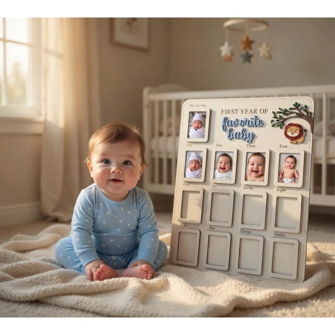 1 Set Cornice Fotografica in Legno per Traguardi del 1° Anno del Bambino "Il Mio Bambino Preferito", Collezione Traguardi Mensili 12 Mesi con