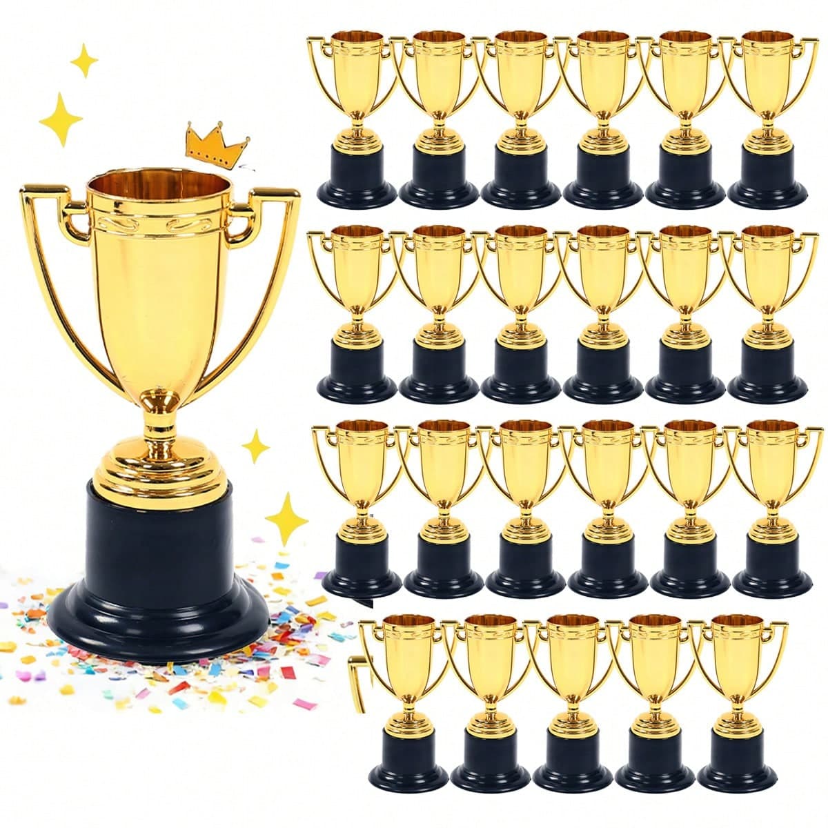24 pezzi Mini Trofei in plastica dorata, Medaglie dorate, Mini Trofei, Piccoli Trofei dorati, Trofei in plastica, Stile classico da competizione,