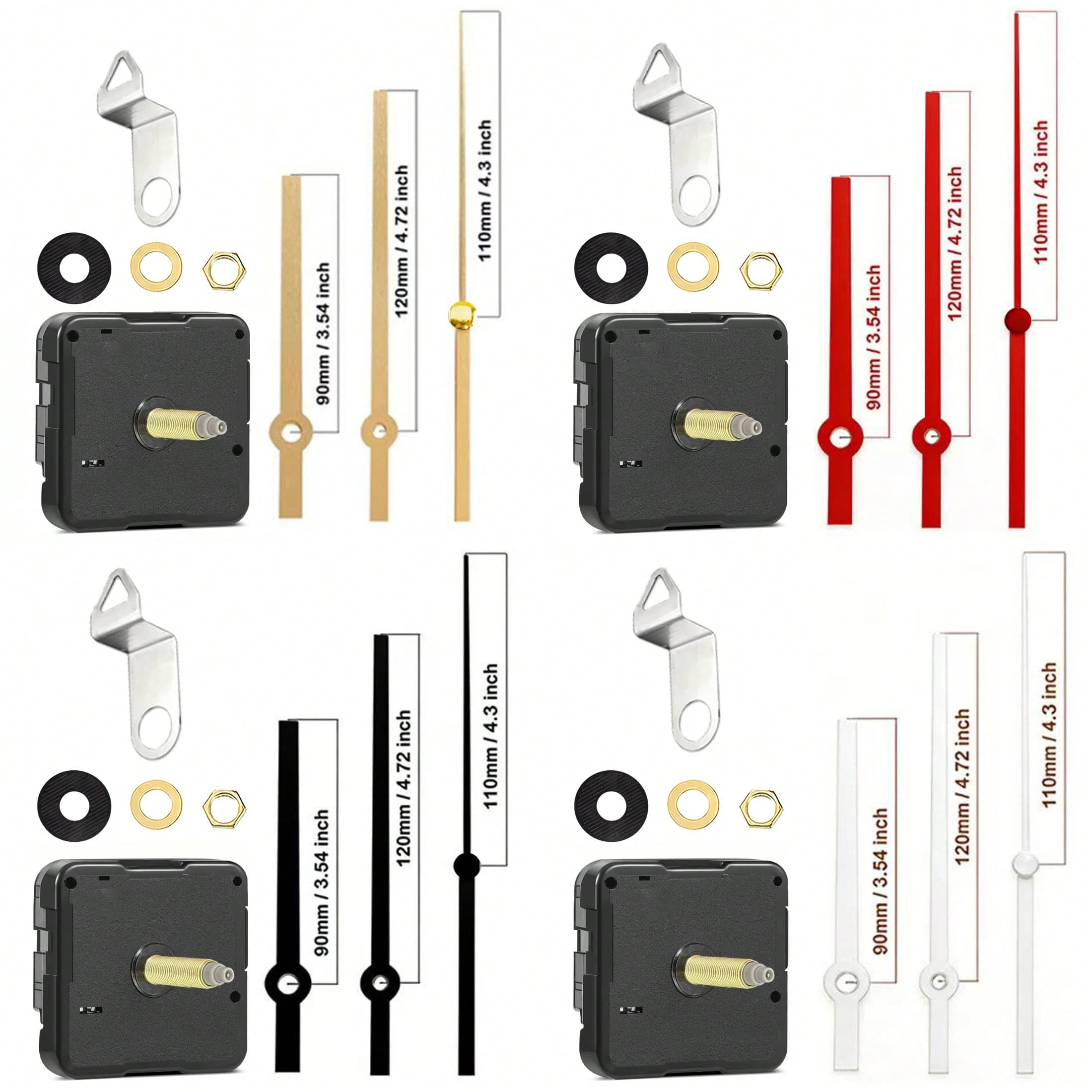4 pezzi Kit movimento orologio al quarzo, 2 pezzi con asta da 23mm, 2 pezzi con asta da 28mm, include 4 lancette per orologio: oro + rosso + nero +