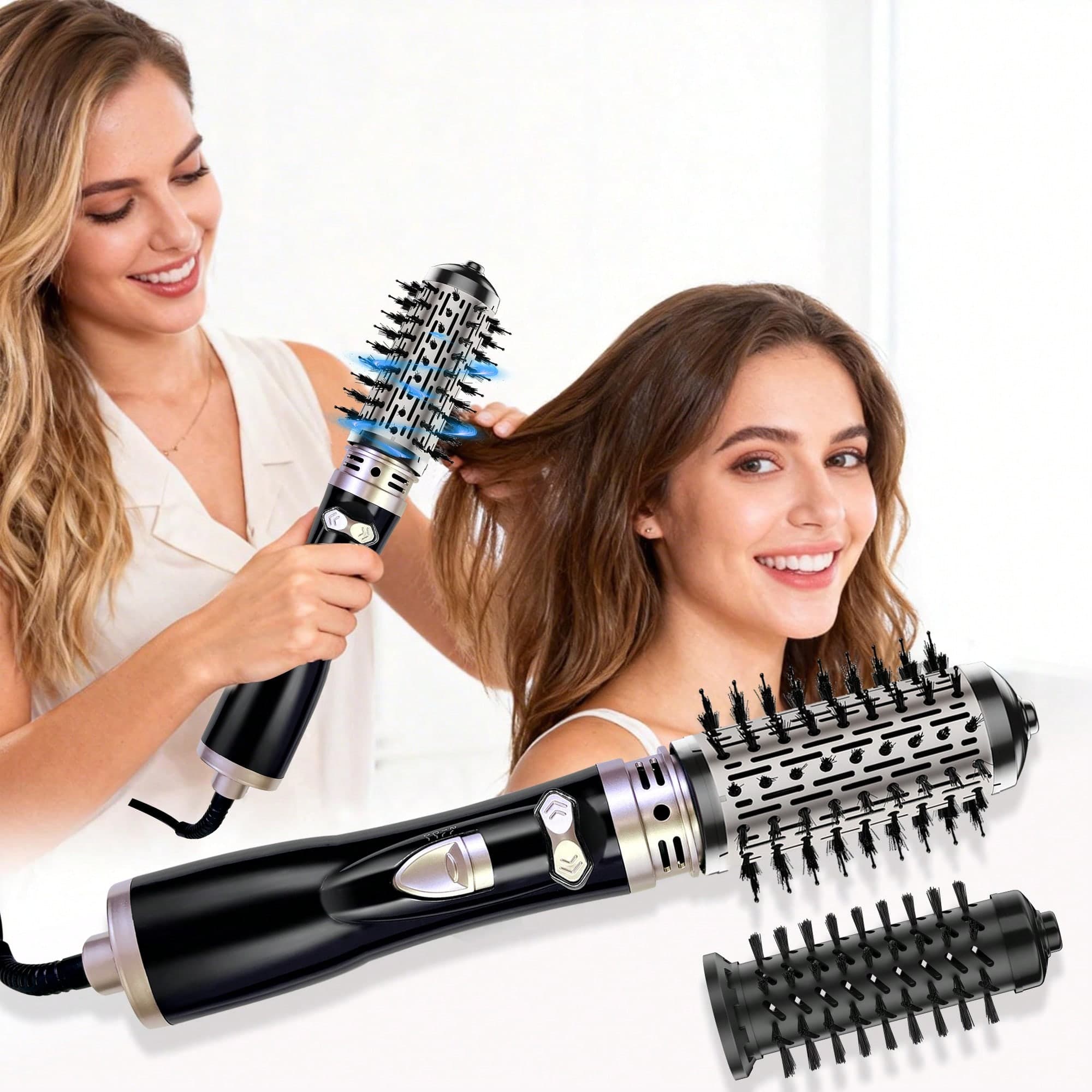 Spazzola rotante 4-in-1 ad aria calda, styler ad aria calda e asciugacapelli rotante, con 2 testine spazzola rimovibili, per asciugatura, arricciatura