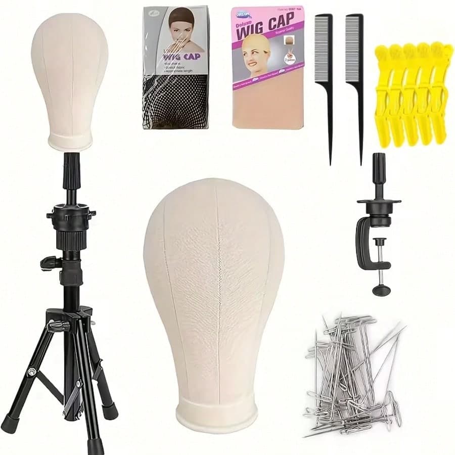 Supporto regolabile per parrucche con morsetto da tavolo + testa di manichino in tela, set completo per la creazione, lo styling e la cura quotidiana
