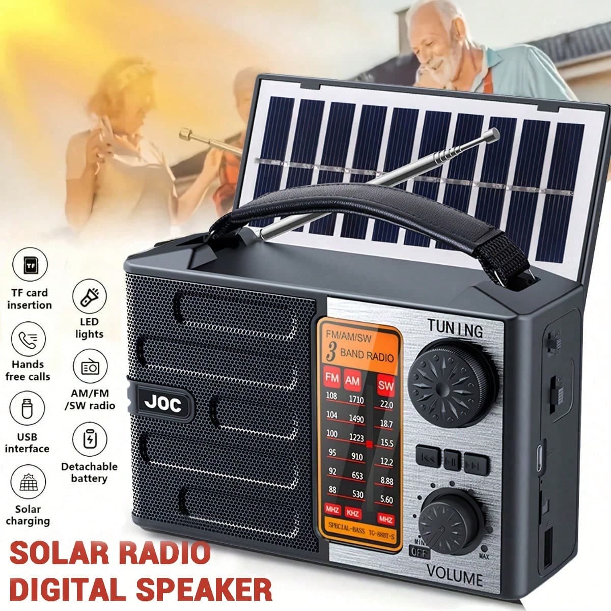 Radio solare portatile, FM/AM/SW/MP3, supporta scheda TF, riproduzione da USB, può connettersi a telefono cellulare, jack per cuffie da 3,5 mm, con
