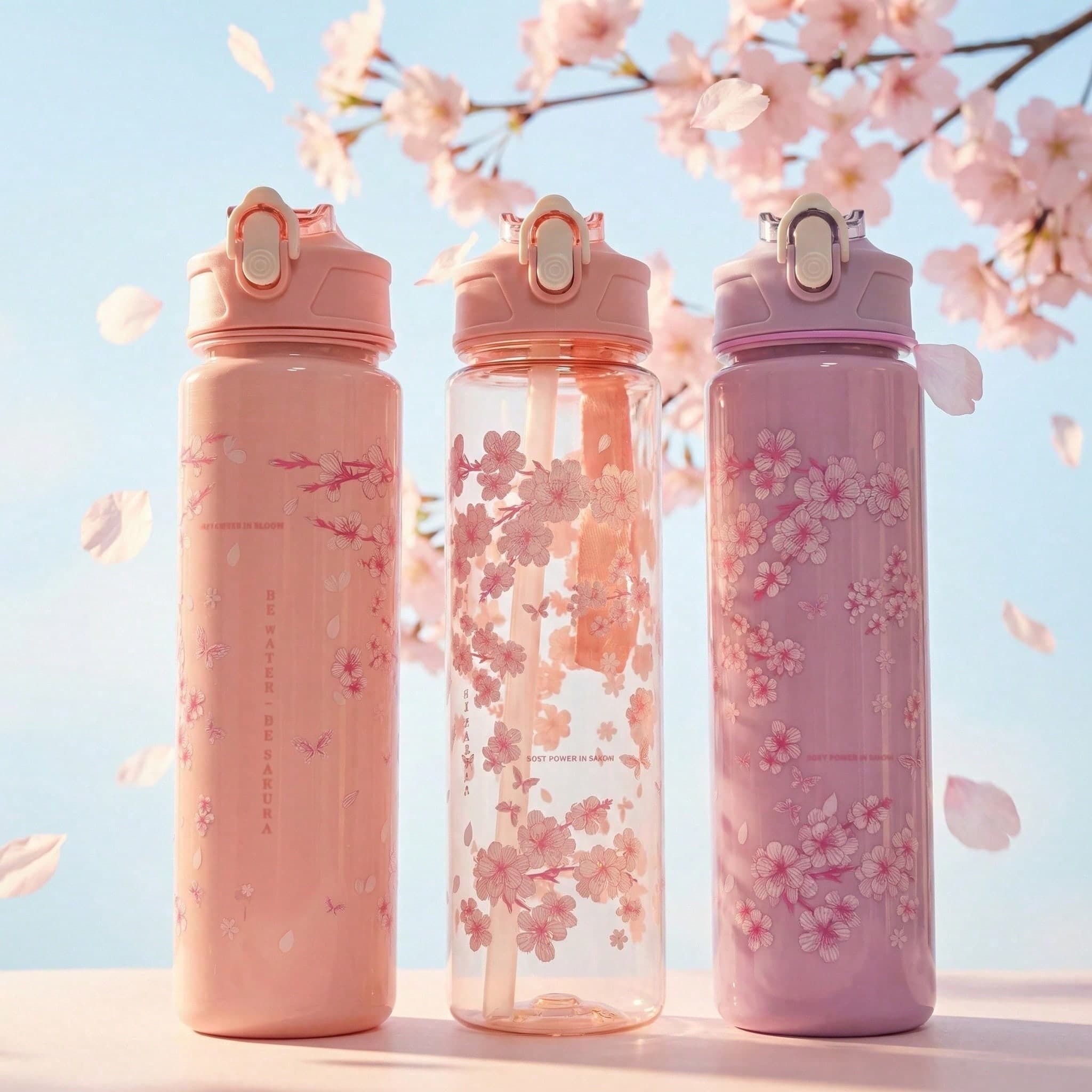 Bottiglia d'acqua Sakura da 800ml di grande capacità, tazza con cannuccia e coperchio pop-up in materiale PC, bottiglia d'acqua sportiva con stampa