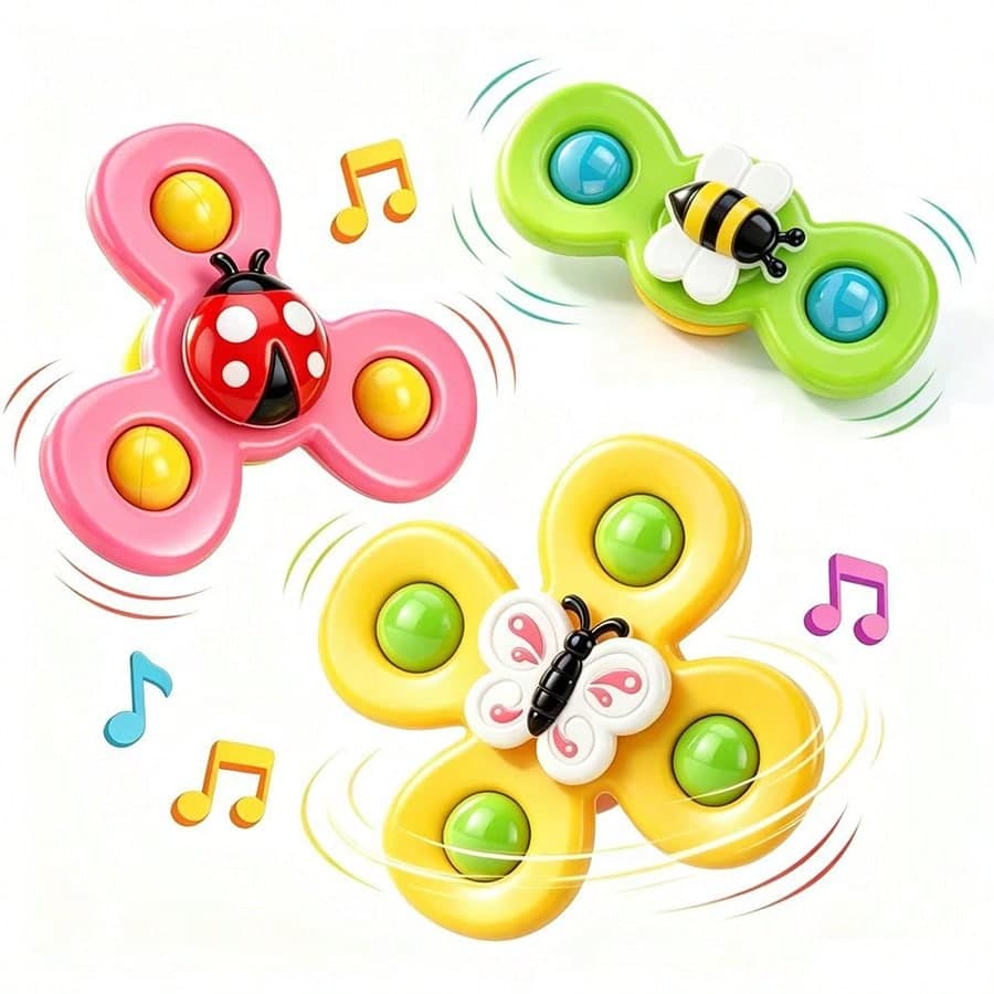 3 pezzi Giocattoli da bagno a forma di insetto per bambini con ventose, giocattoli sensoriali rotanti a forma di animale cartone animato, realizzati