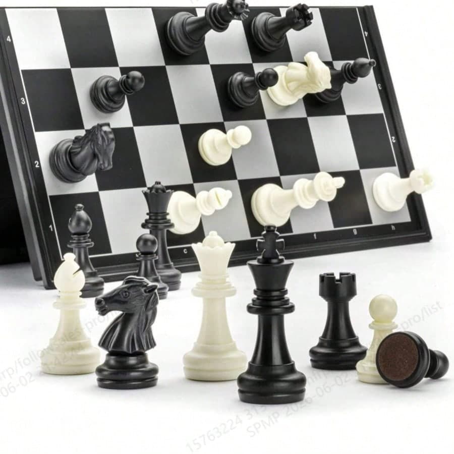 Set di scacchi portatile e pieghevole con scomparto di stoccaggio, adatto per viaggi, casa, esterno, giochi da tavolo per feste, facile per i