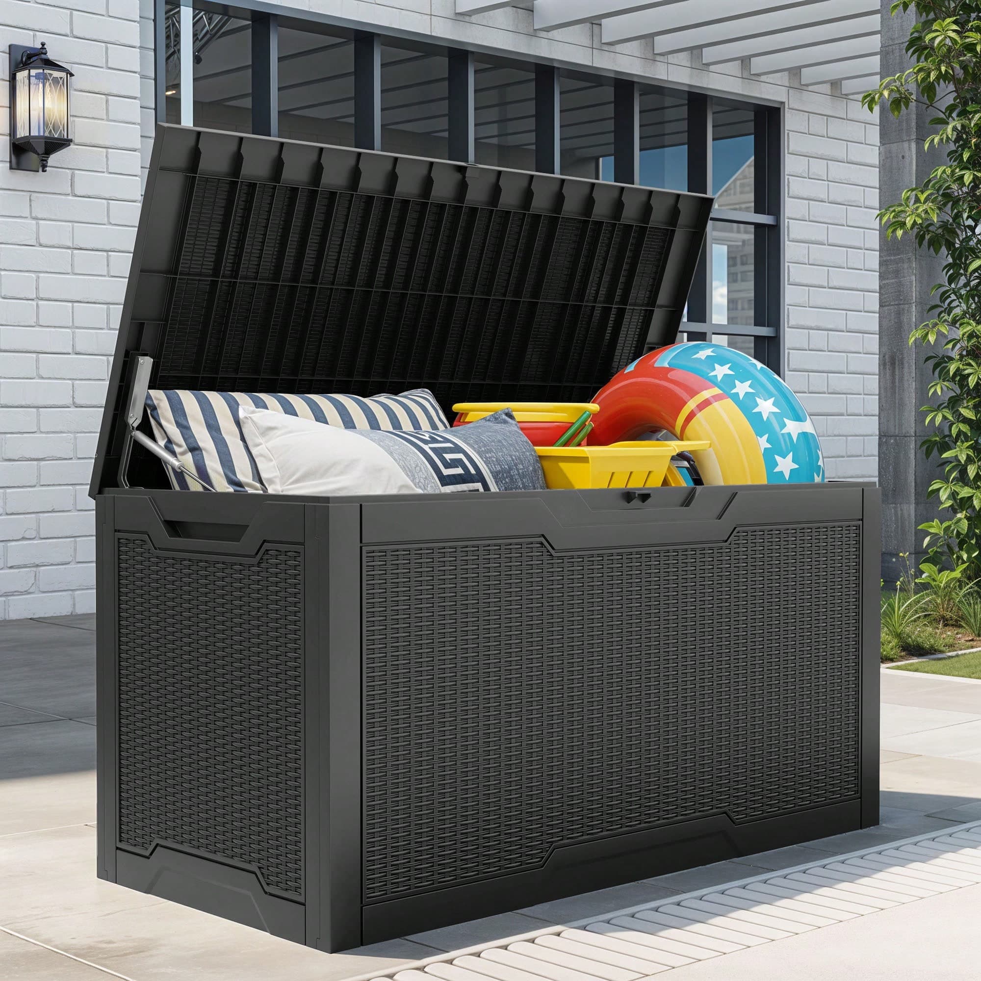 Cassapanca da giardino impermeabile da 380 litri – Cassapanca moderna in rattan con molla a gas – Per cuscini, attrezzi da giardino e giocattoli