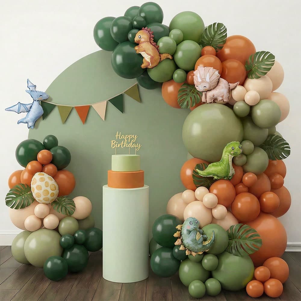 121 pezzi Palloncini in lamina a forma di dinosauro carini verde salvia & arancione, decorazioni per arco di palloncini per feste di compleanno,
