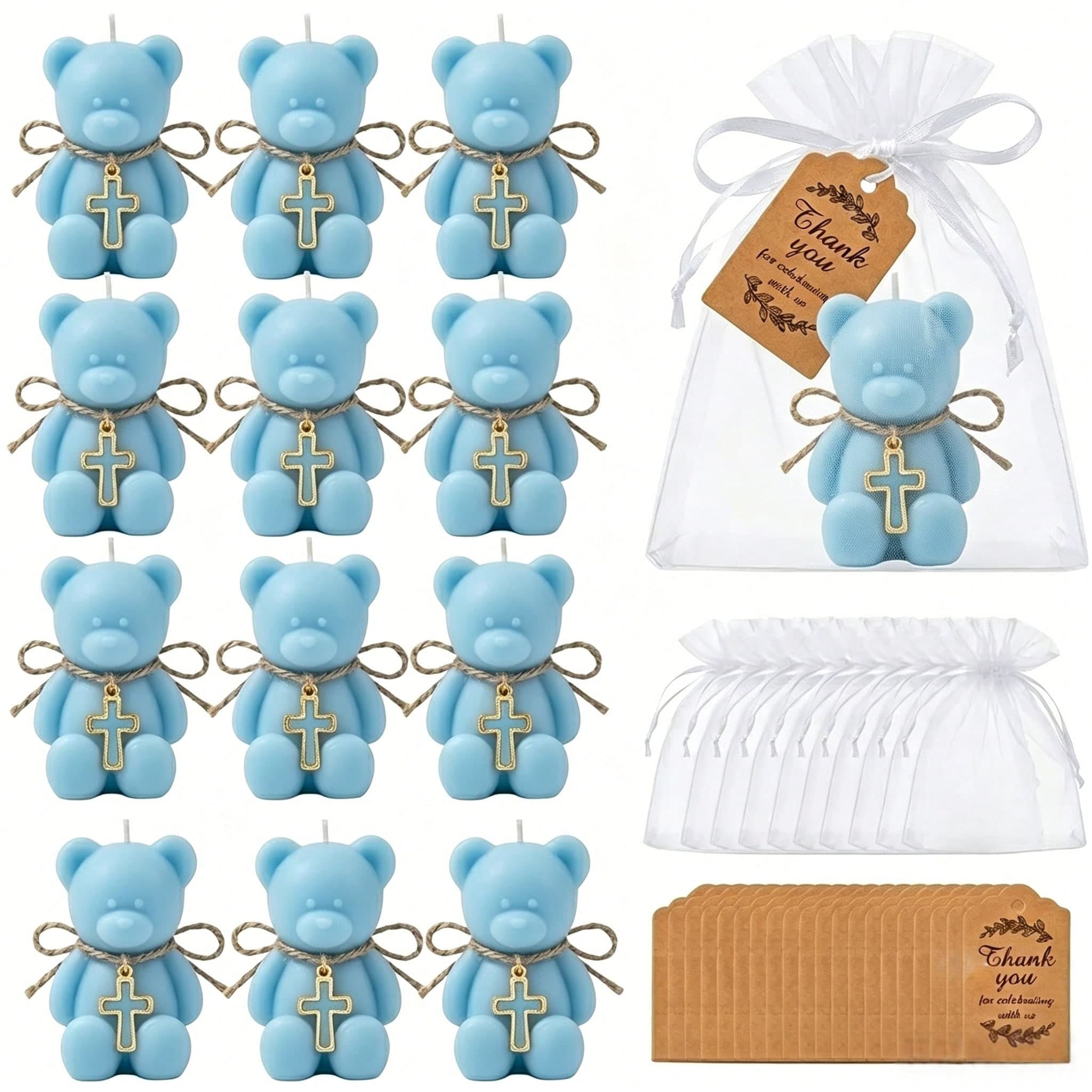 Set regalo per battesimo da 41 pezzi con croce, orsetto blu e candele, include sacchetti in organza bianca e cartellini di ringraziamento, adatto per