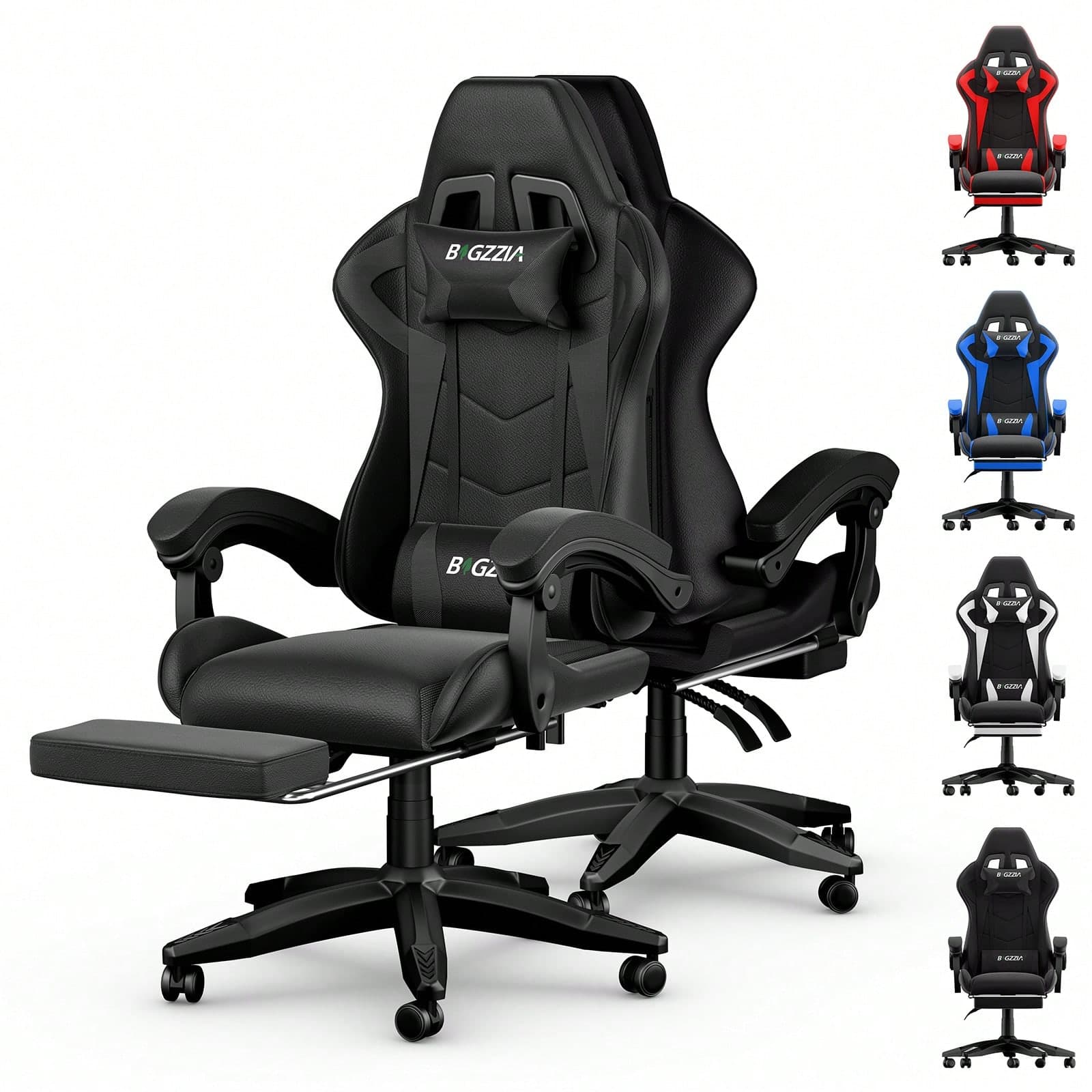 Sedia da gaming regolabile in altezza con poggiapiedi e cuscino lombare.