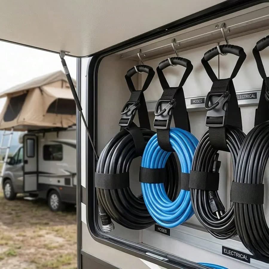 Cinghia di stoccaggio in nylon resistente con manico e gancio, organizzatore regolabile per tubi, adatto per camper e garage
