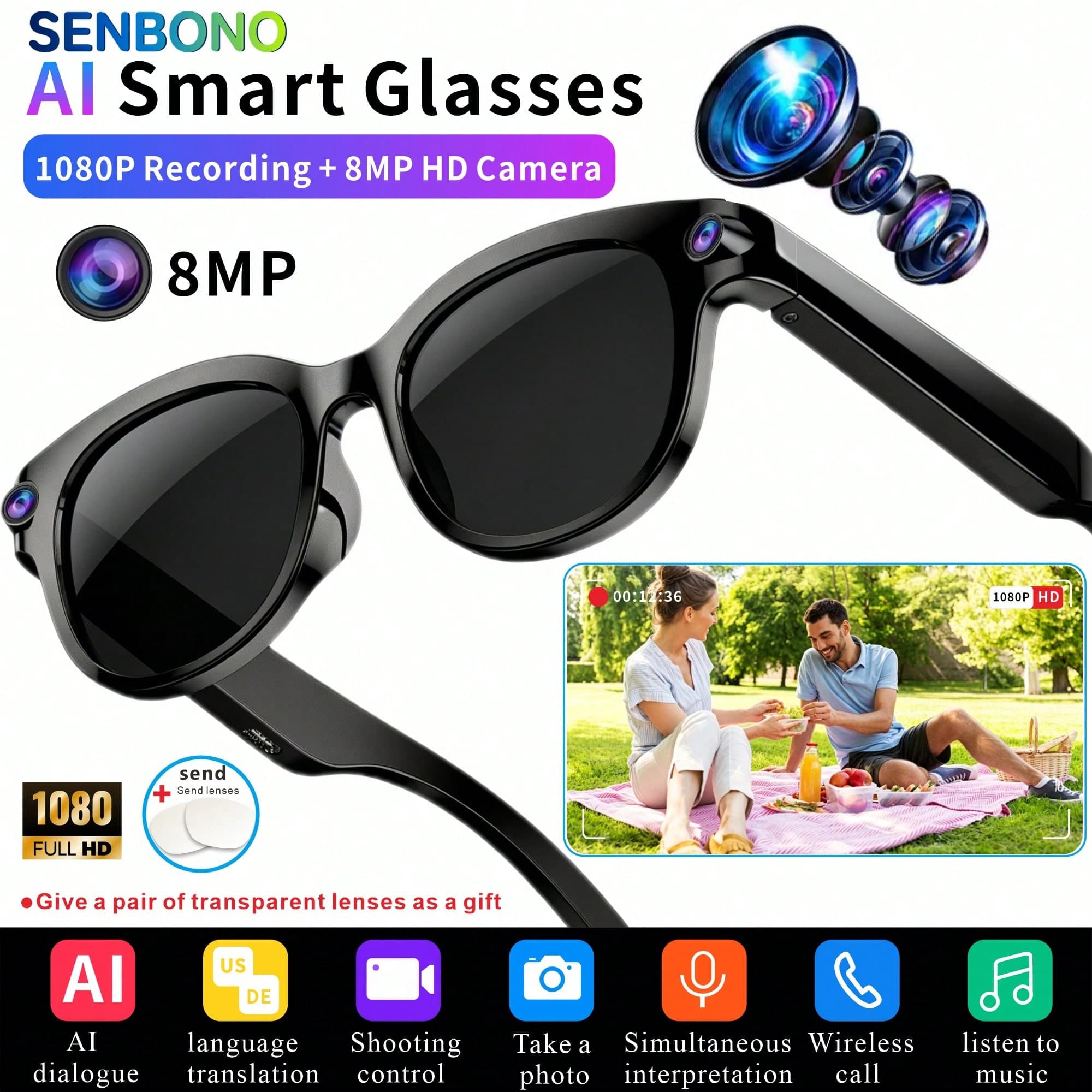SENBONO Nuovi Occhiali Intelligenti, Fotocamera ad Alta Definizione da 8MP/Registrazione ad Alta Definizione Anti-Vibrazione/Doppio Microfono/Chiamate