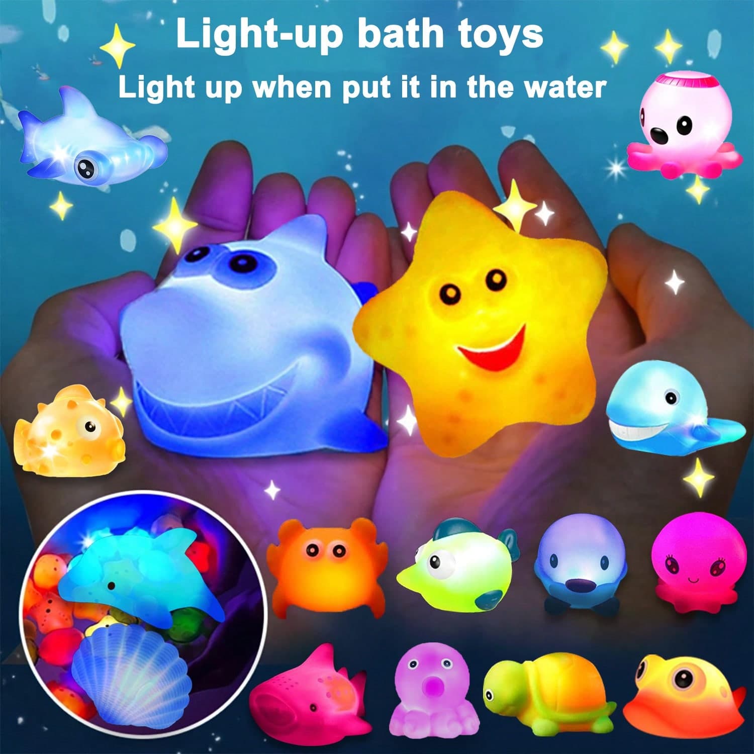1/2/4/6/8/12/16 pezzi Set di giocattoli da bagno con animali luminosi e colorati senza fori, giocattoli galleggianti per vasca da bagno, lavandino del