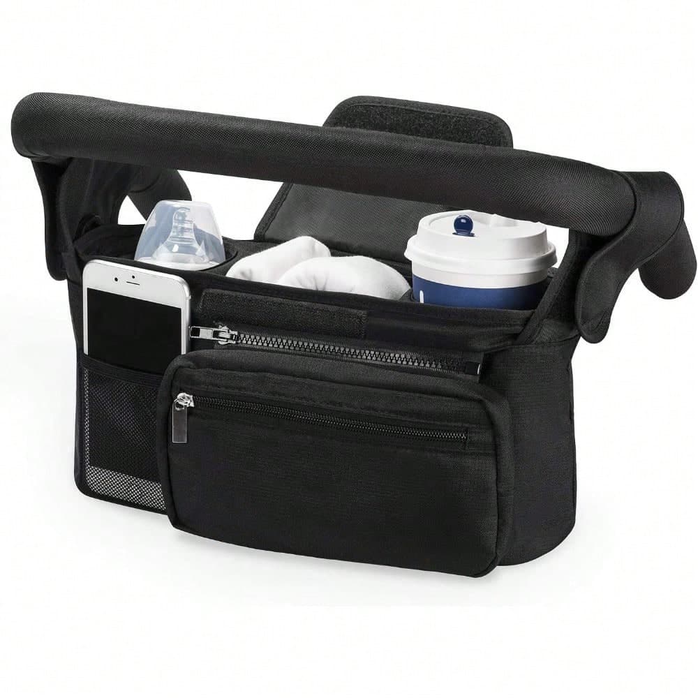 Borsa portaoggetti universale per passeggino con portabicchieri isolato, tasca rimovibile per telefono e tracolla, adatta per passeggini, ombrelli e