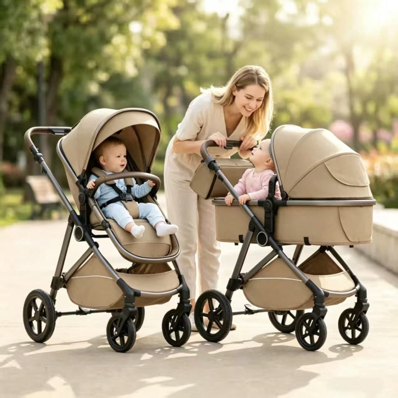 Passeggino 2 in 1 con navicella – Passeggino pieghevole per neonati e bambini con seduta reversibile – Passeggino con pratiche tasche per le mamme