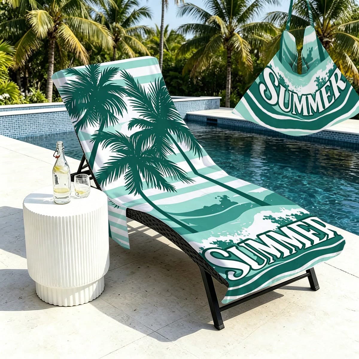 1 pezzo Copri sedia lounge da spiaggia 210*75cm a righe verdi con albero di cocco stile bohémien, assorbente - asciugatura rapida, asciugamano