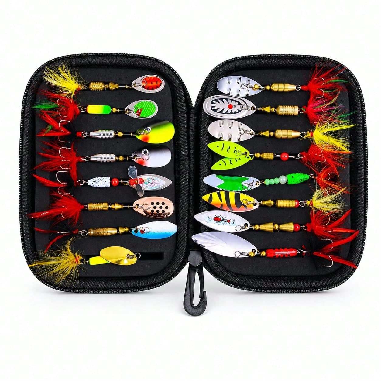 Set di esche spinner per la pesca, 16 pezzi di cucchiaini in metallo assortiti con custodia con cerniera per bass, trota e pesci da sport