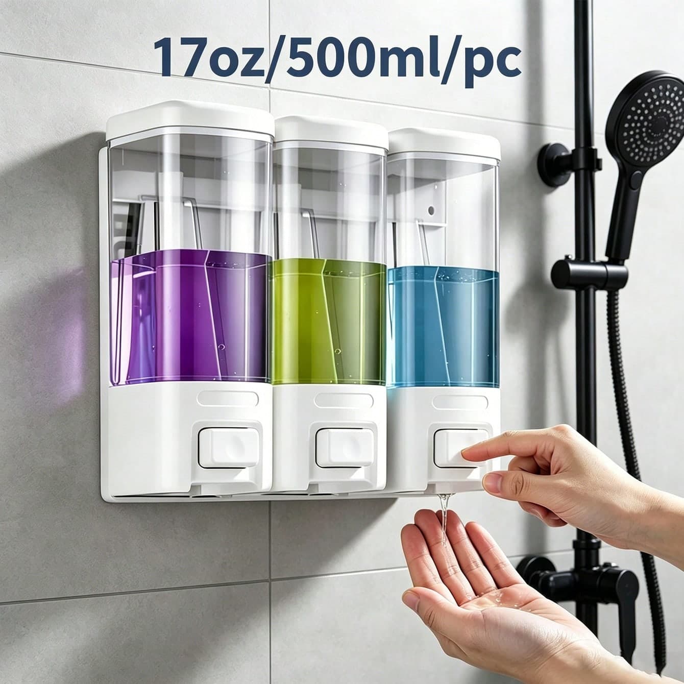 Dispenser di sapone a parete con doppio serbatoio e pressione manuale, grande capacità 17oz/500ml/serbatoio, adatto per doccia, shampoo e balsamo,