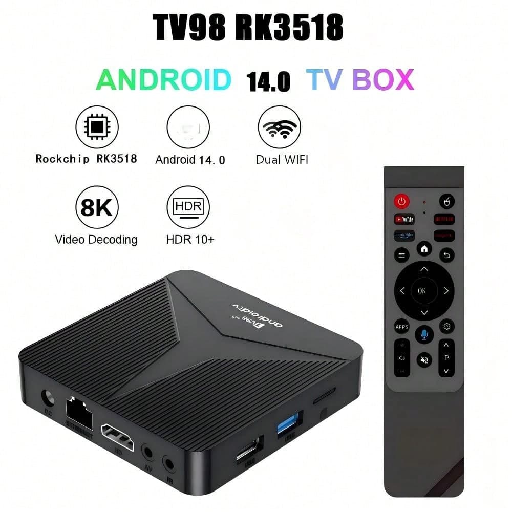 Scatola TV Android 14 Smart da 64GB con chip RK3518, supporta 4G/5G, WiFi 6, Bluetooth 5.0, Ultra HD 8K, telecomando vocale, compatibile IPTV