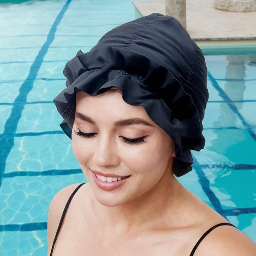 1 pezzo Cuffia da nuoto da donna con bordo arricciato, cuffia elastica per la protezione dei capelli, cappello da nuoto snellente per capelli lunghi