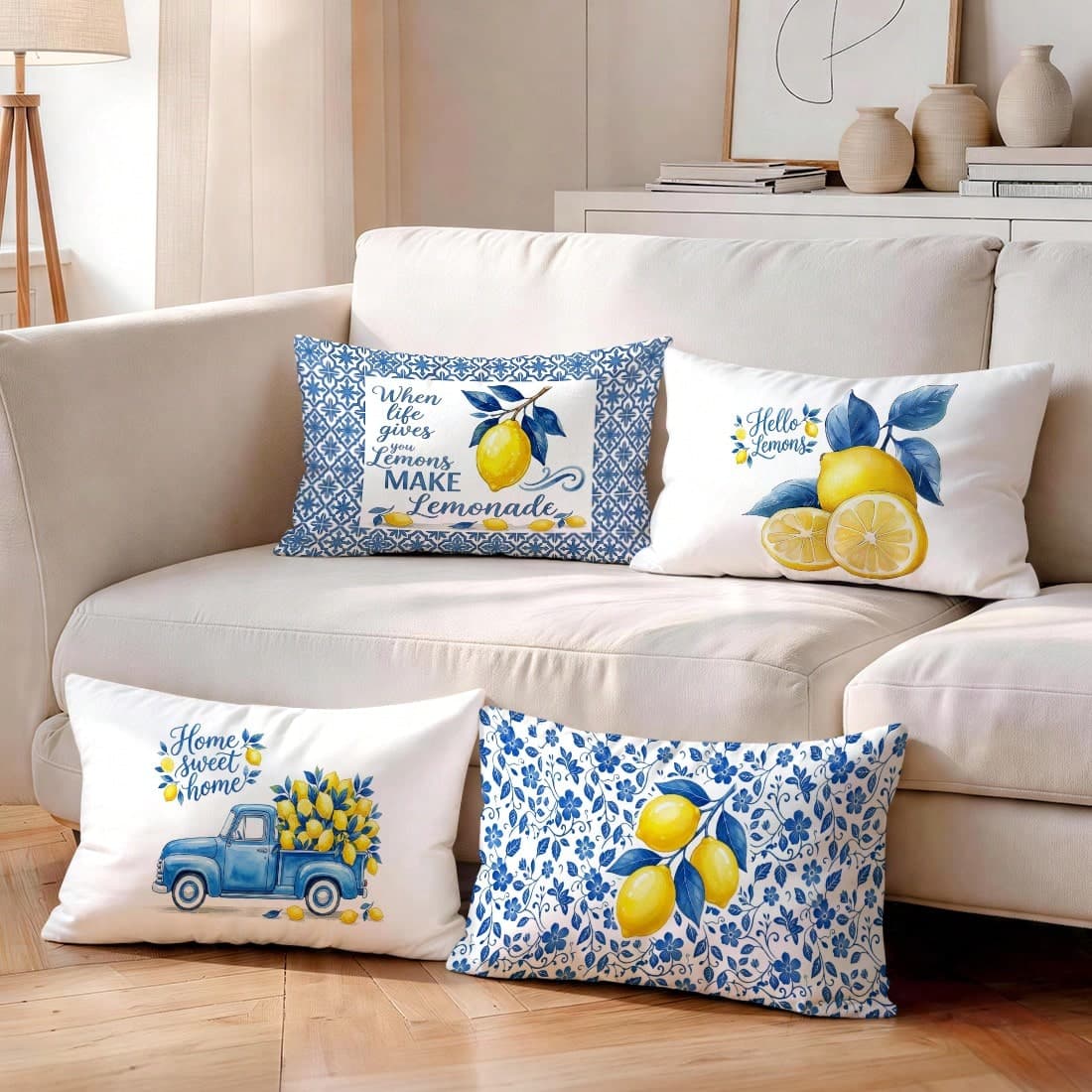 4 pezzi Federe per cuscini con tema testo limone e pelle di pesca stampate su un lato, 100% poliestere, per soggiorno, divano, camera da letto -