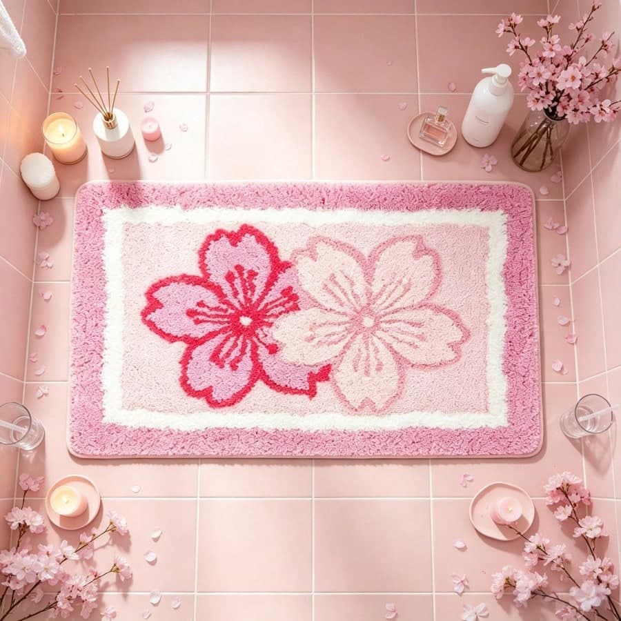 Tappeto da pavimento in finta cashmere con tema romantico e fiore di ciliegio, tonalità rosa morbide e stratificate abbinate a un raffinato motivo di