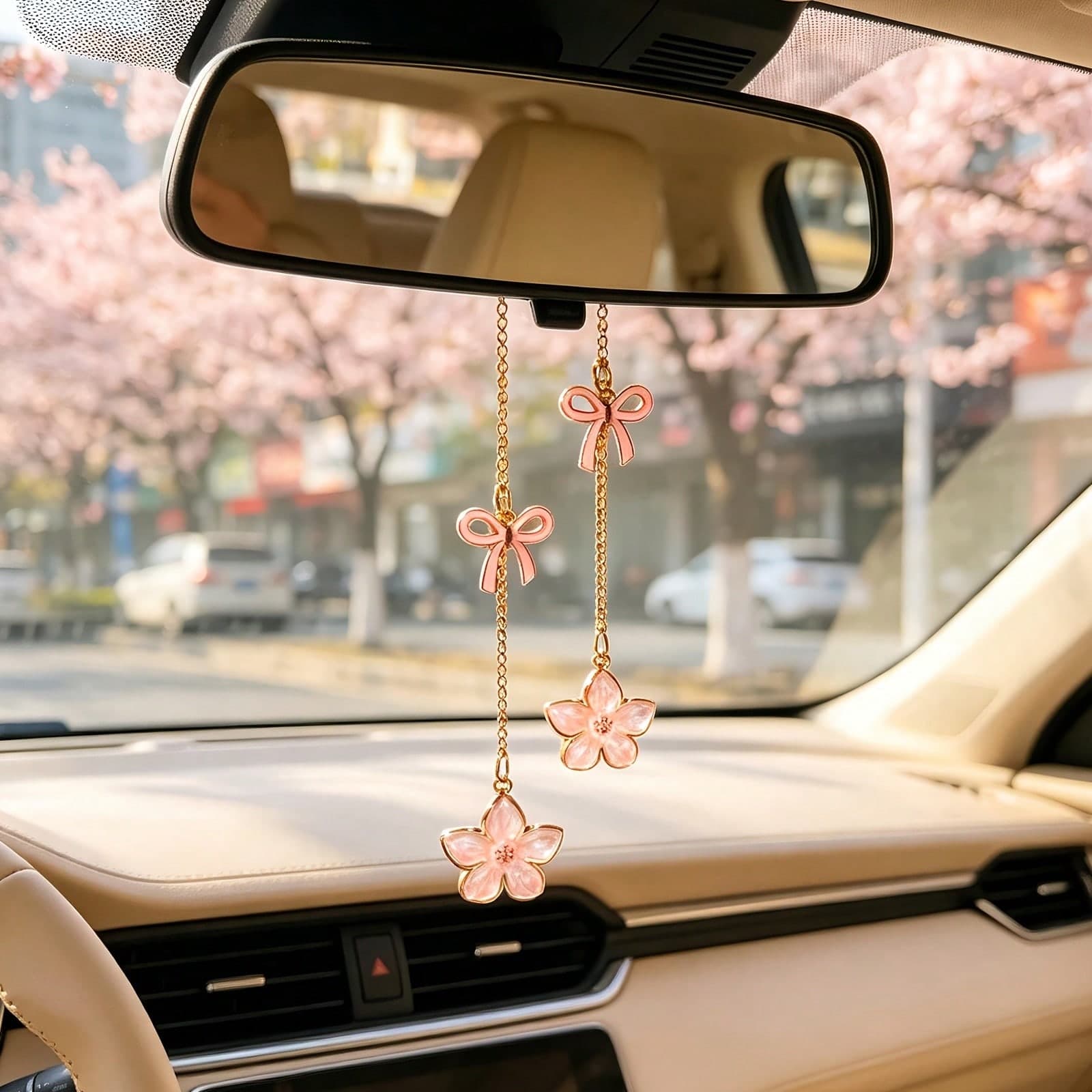 Fiocco + Fiore di Ciliegio a 5 Petali Ciondolo Doppio, Catena Dorata Compatibile con Vari Modelli di Auto, Si Appende allo Specchietto Retrovisore