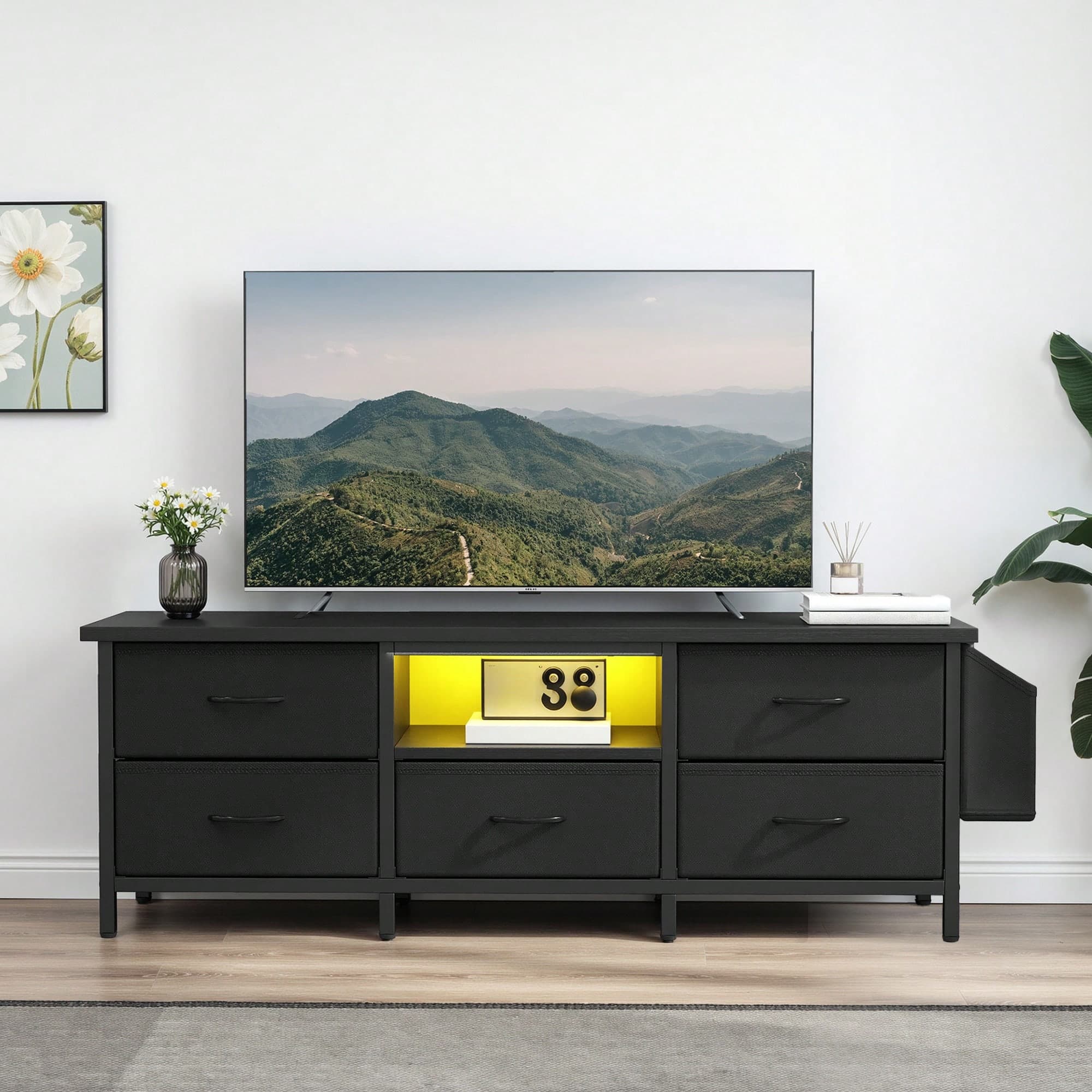 Mobile TV, mobile per soggiorno con 5 cassetti a ribalta e ripiani, mobile TV con illuminazione a LED RGB, 145 x 35 x 50 cm