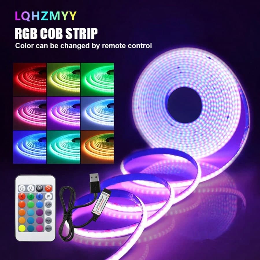 1 Rotolo di Striscia LED Flessibile COB a Colori RGB Cambianti Senza Macchie, Alimentata a Bassa Tensione 5V USB, Con Telecomando Multifunzione a 24