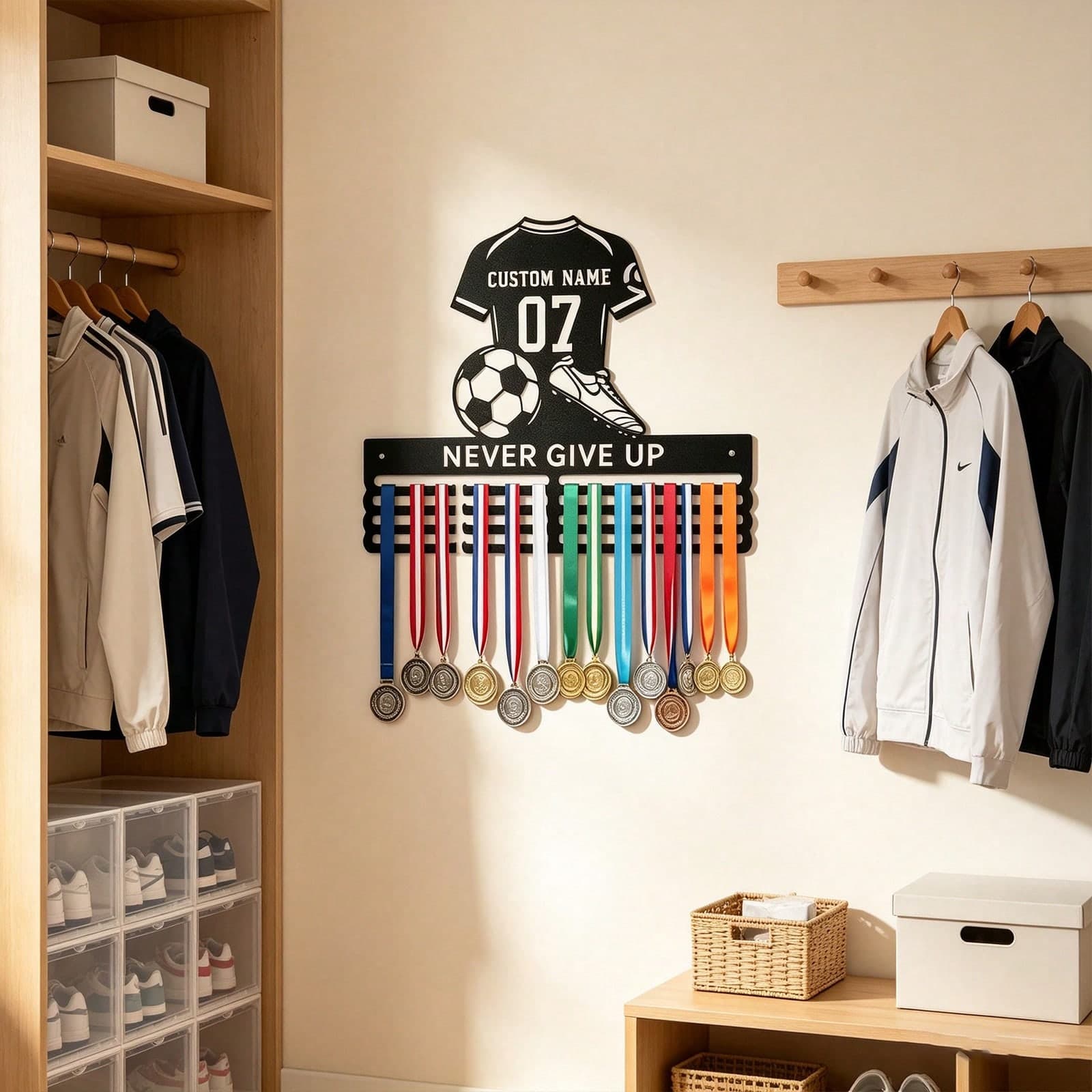 1 pezzo Supporto personalizzato per medaglie da calcio, premio per competizioni atletiche, decorazione per feste, regalo per amici e famiglia. Ganci