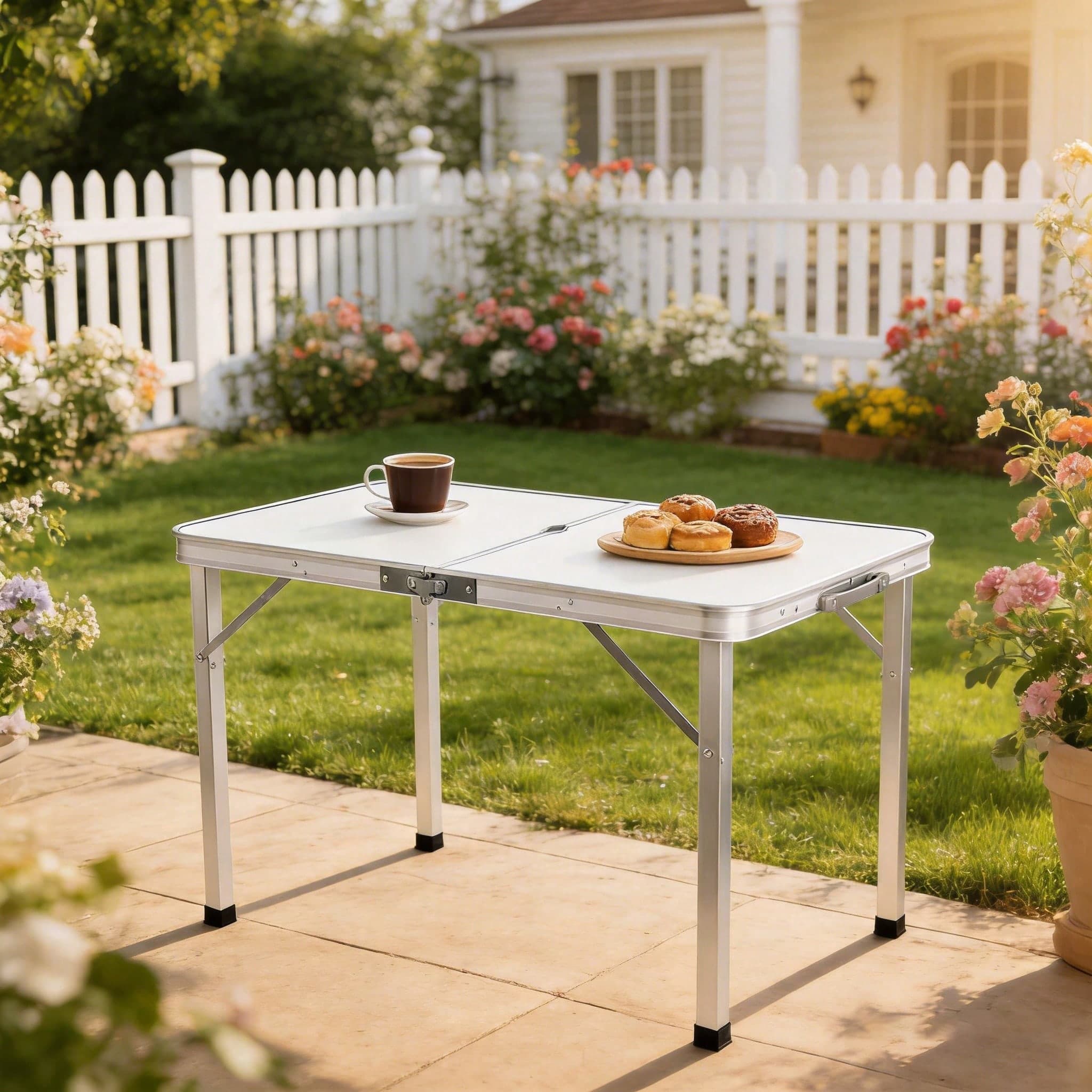 Tavolo pieghevole portatile da esterno 120*70cm, scrivania pieghevole in alluminio bianco per giardino, picnic, barbecue, bancarella da venditore